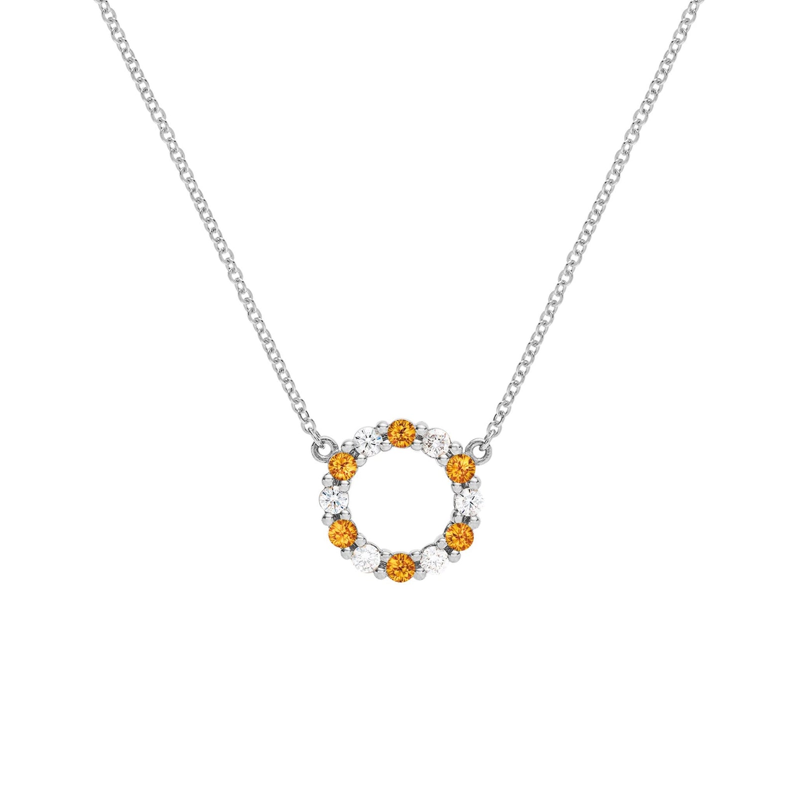 Rosecliff small open circle necklace with twelve alternating 2 mm round cut citrines & diamonds prong set in 14k white gold