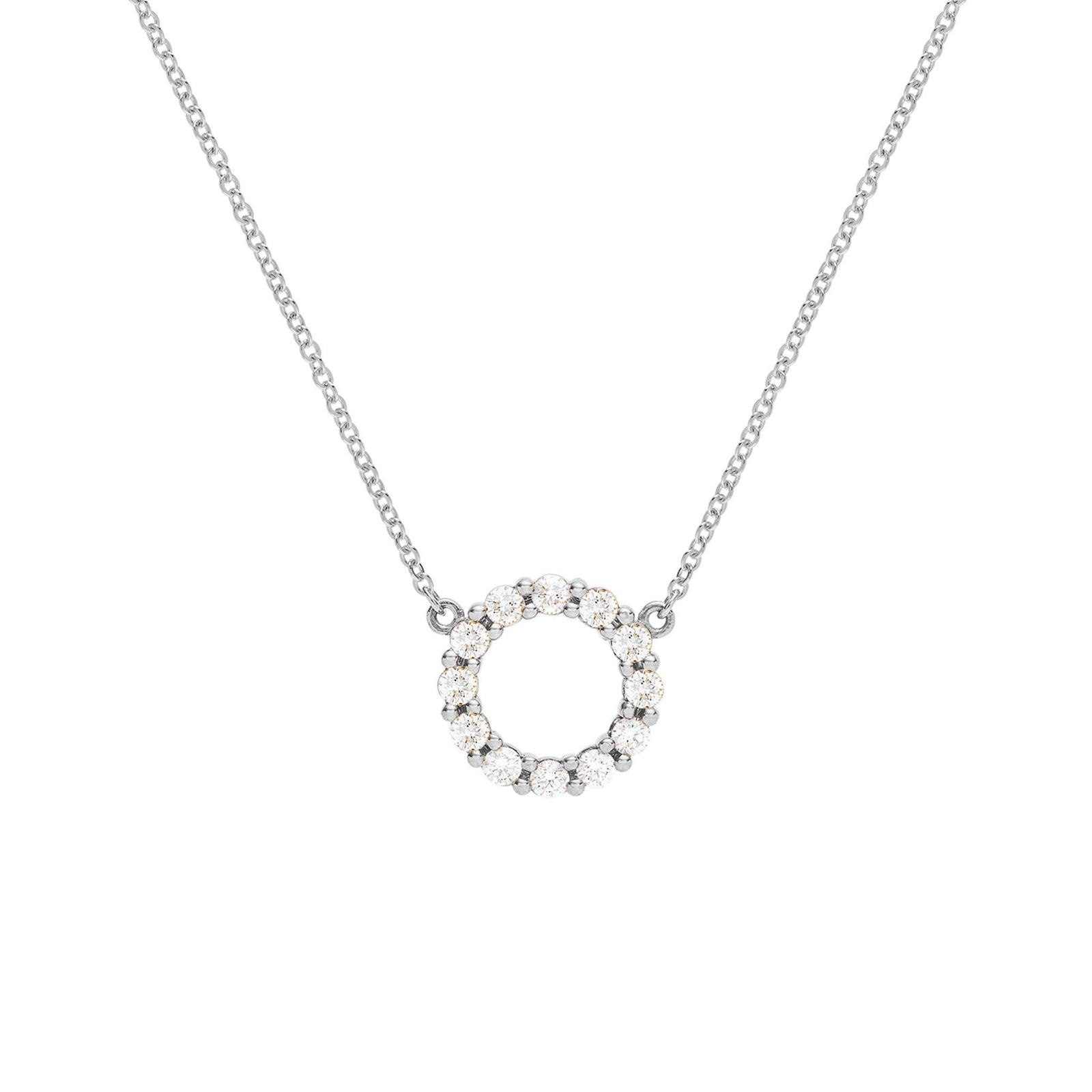 Rosecliff small circle necklace featuring twelve 2mm faceted round cut diamonds prong set in 14k white gold