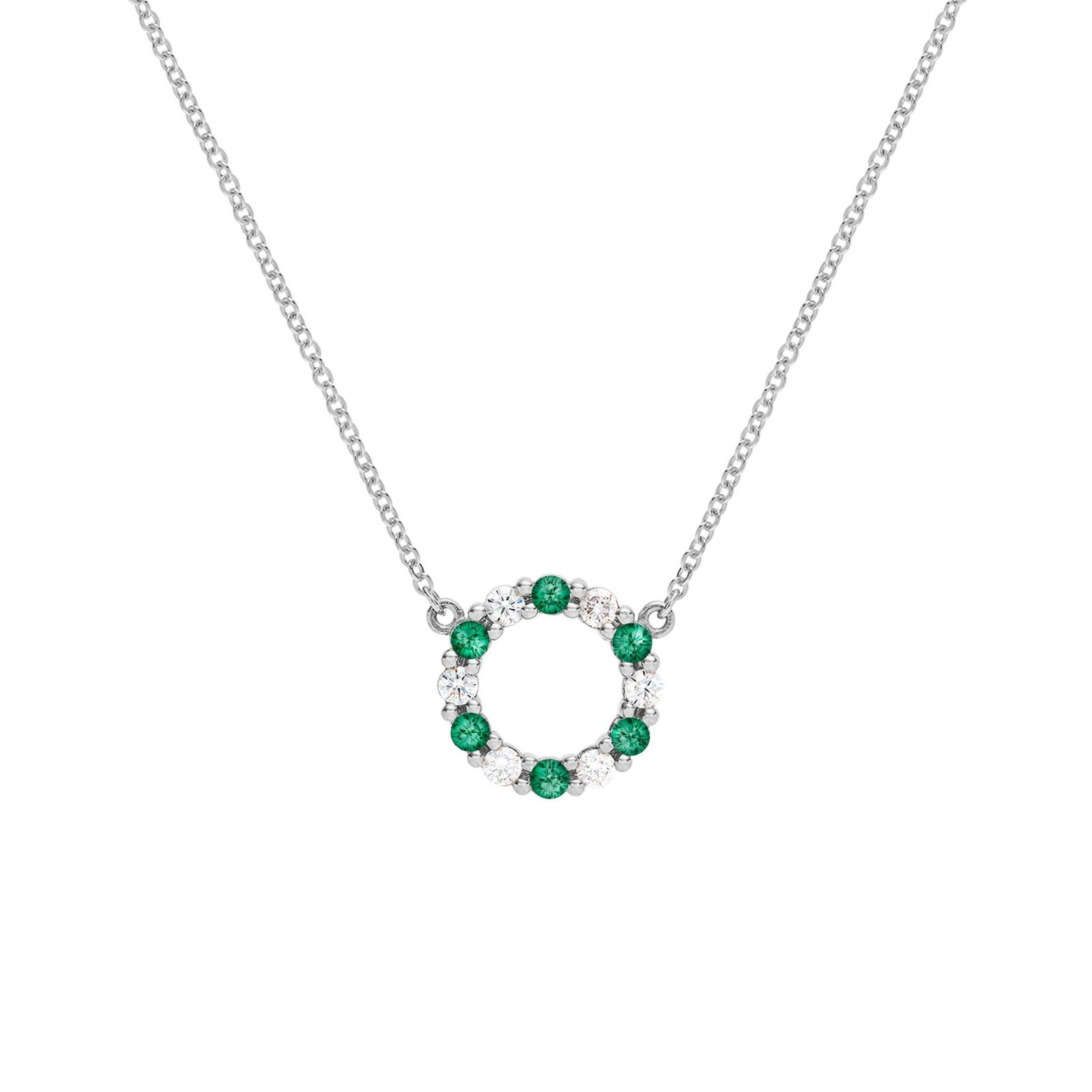 Rosecliff small open circle necklace with twelve alternating 2 mm round cut emeralds & diamonds prong set in 14k white gold
