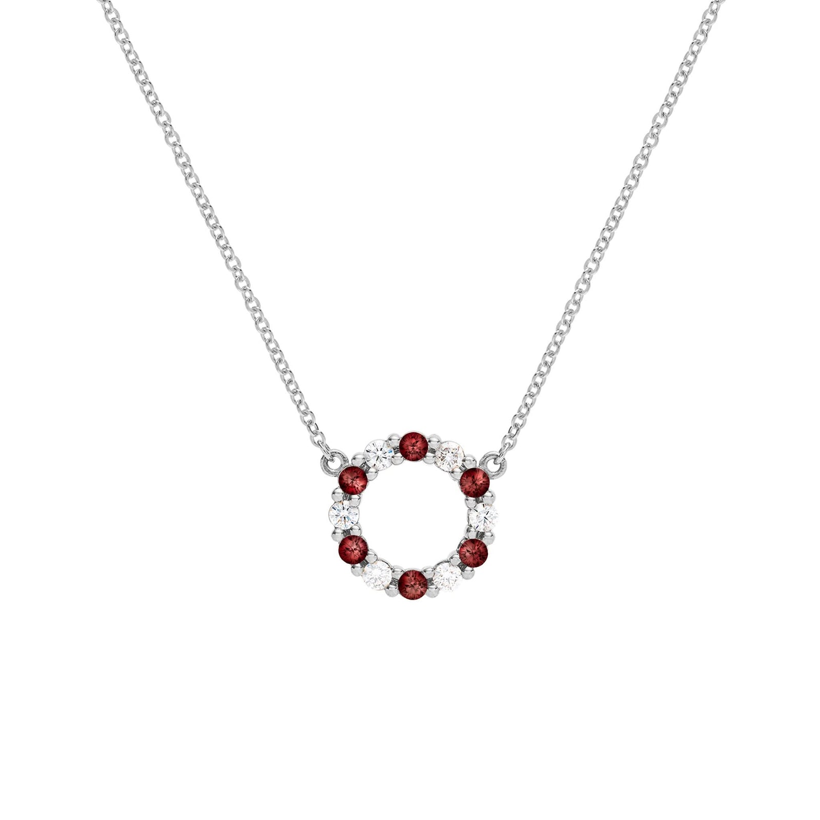 Rosecliff small open circle necklace with twelve alternating 2 mm round cut garnets & diamonds prong set in 14k white gold
