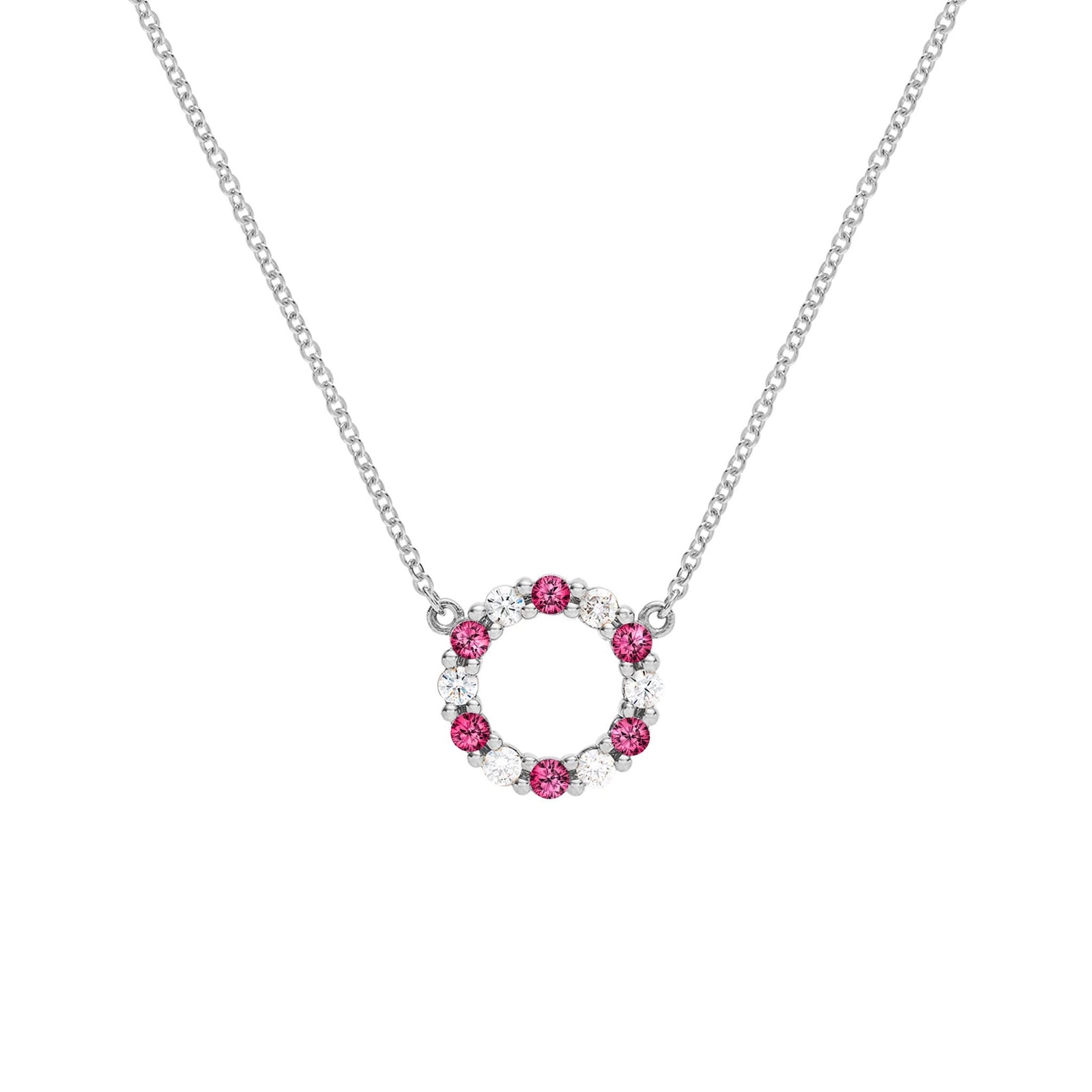 Rosecliff small open circle necklace with 12 alternating 2 mm faceted round cut rubies & diamonds prong set in 14k white gold