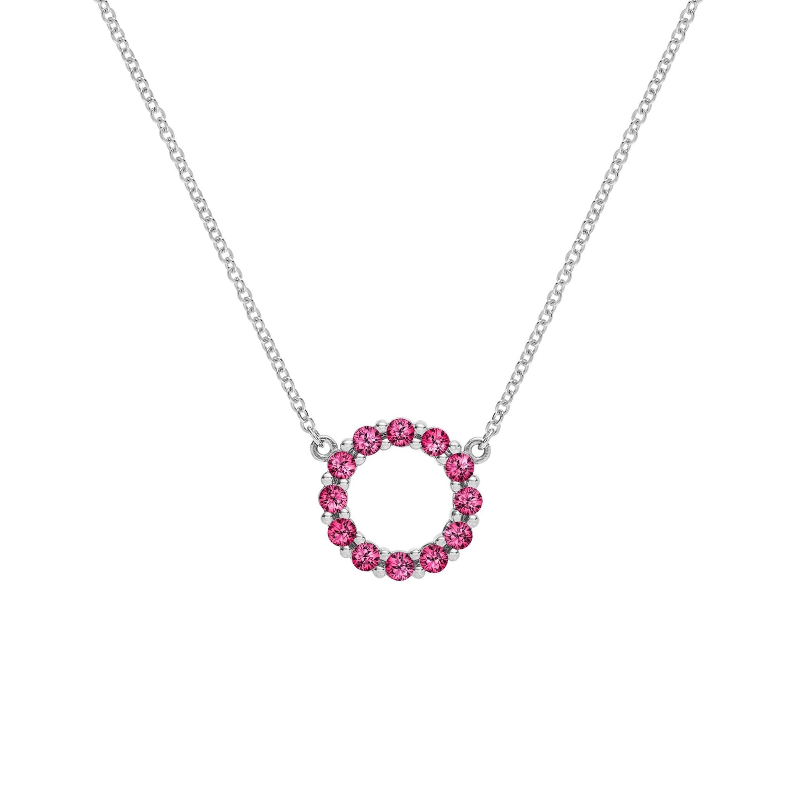 Rosecliff small open circle necklace featuring twelve 2 mm faceted round cut pink tourmalines prong set in 14k white gold