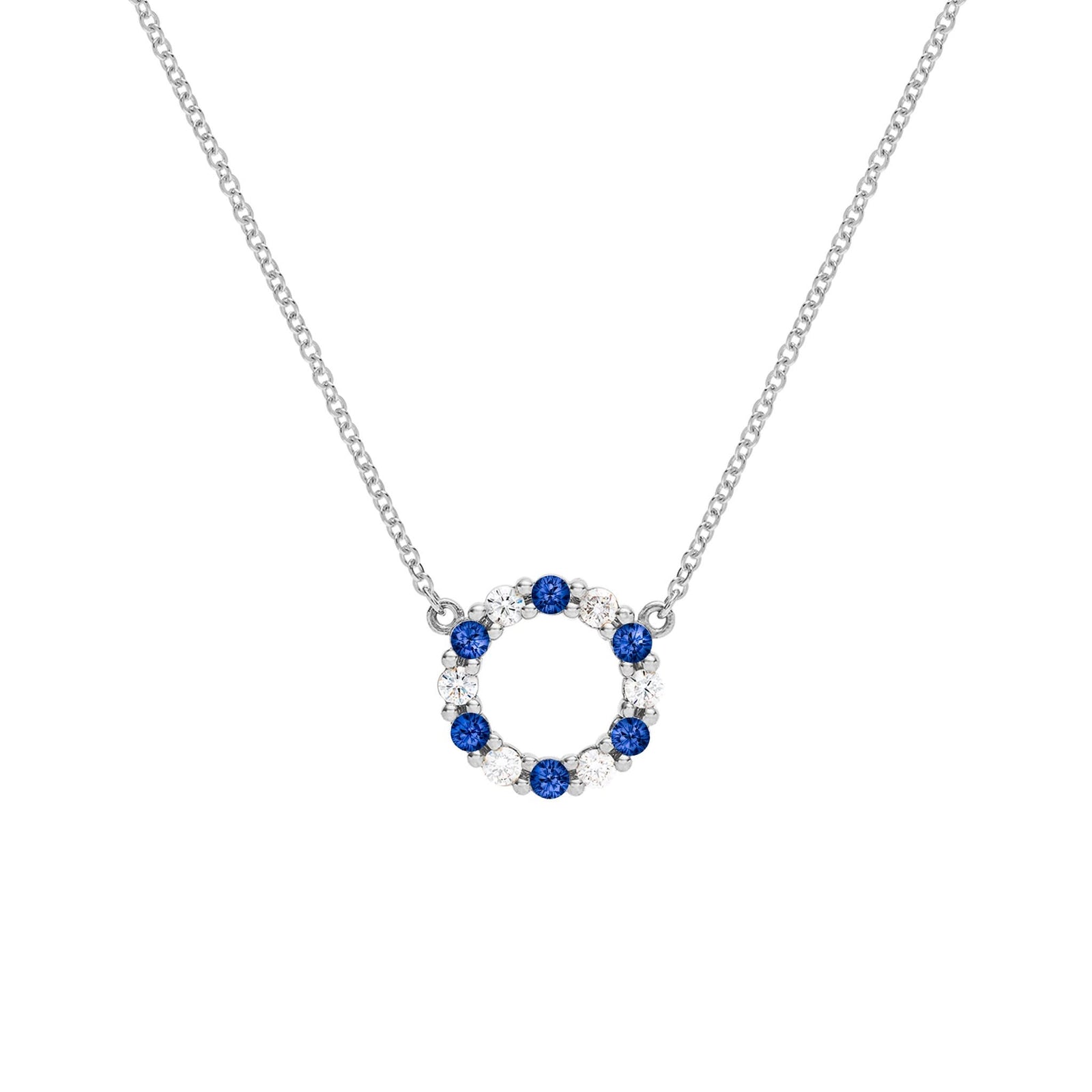 Rosecliff small open circle necklace with 12 alternating 2 mm round cut sapphires & diamonds prong set in 14k white gold