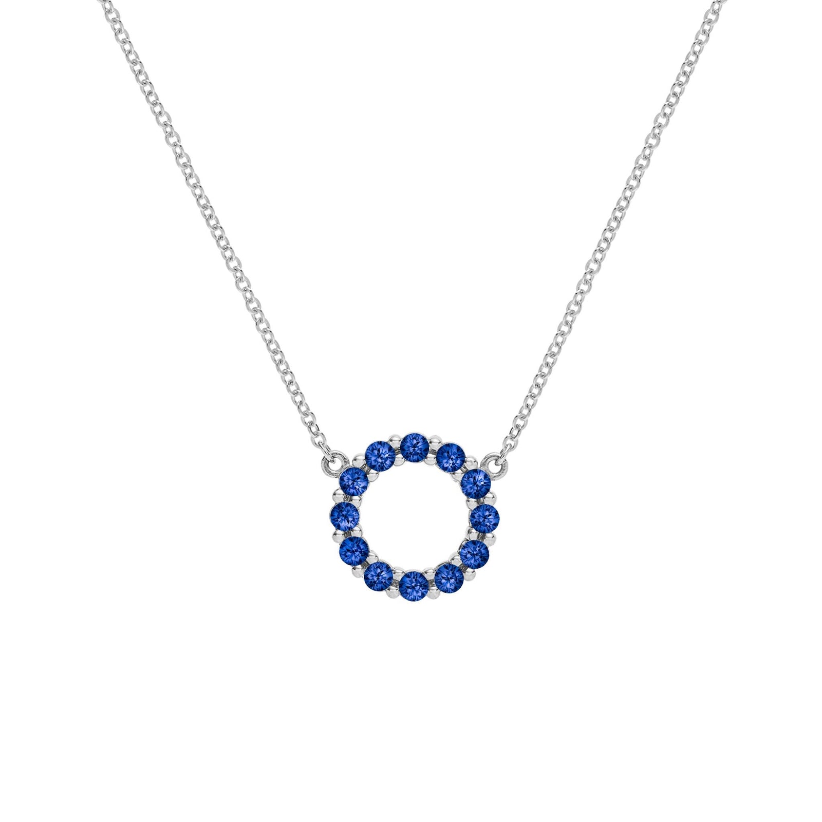 Rosecliff small open circle necklace featuring twelve 2 mm faceted round cut sapphires prong set in 14k white gold