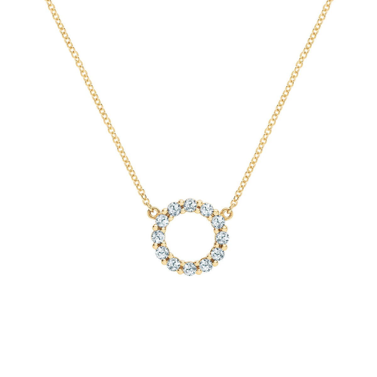Rosecliff small circle necklace featuring twelve 2mm faceted round cut aquamarines prong set in 14k yellow gold - front view