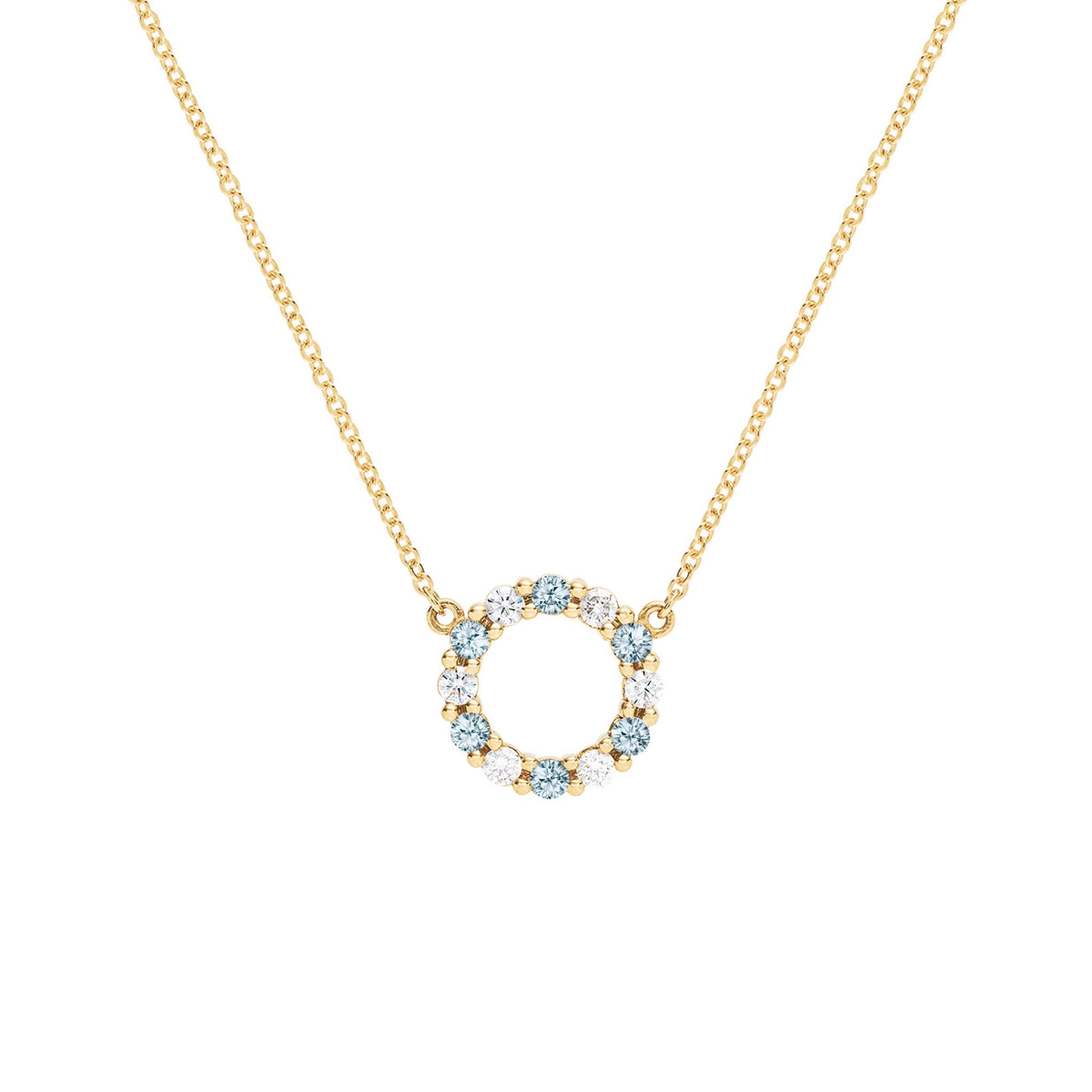 Rosecliff small open circle necklace with 12 alternating Nantucket blue topaz & diamonds prong set in 14k gold - front view