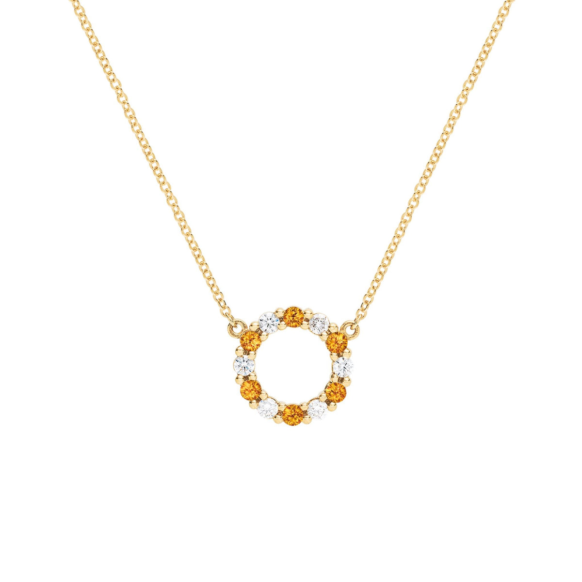 Rosecliff small open circle necklace with twelve alternating 2 mm citrines & diamonds prong set in 14k gold - front view
