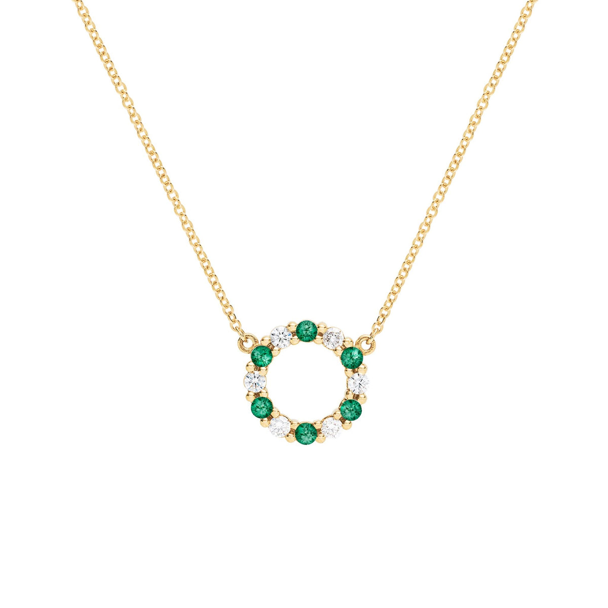 Rosecliff small open circle necklace with twelve alternating 2 mm emeralds & diamonds prong set in 14k gold - front view