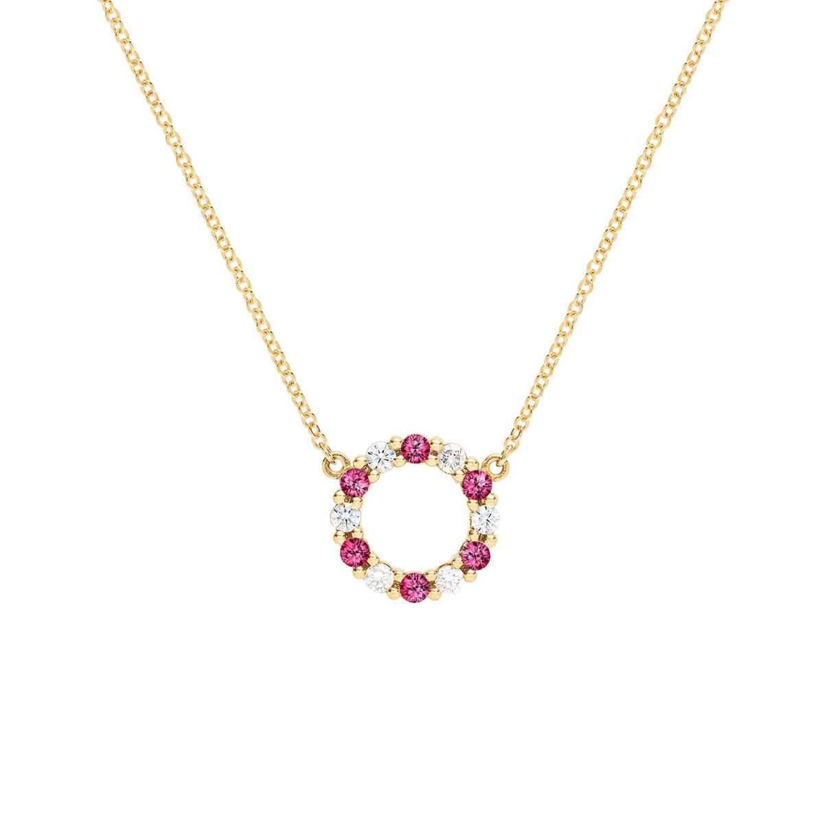 Rosecliff small open circle necklace with 12 alternating 2 mm round cut rubies & diamonds prong set in 14k gold - front view