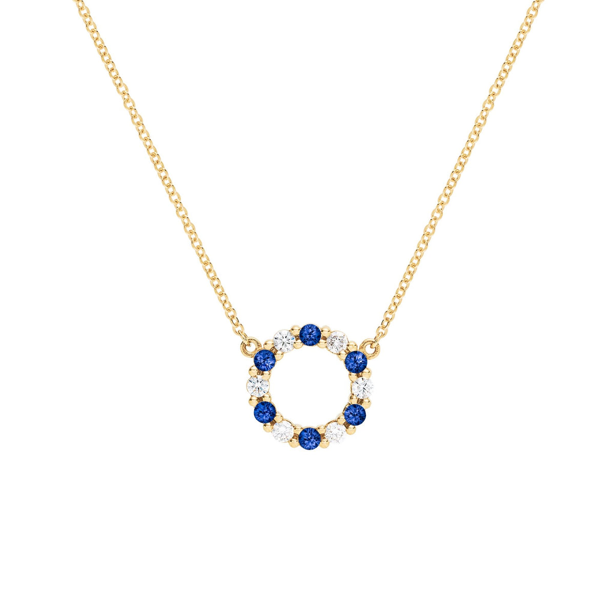 Rosecliff small open circle necklace with 12 alternating 2 mm sapphires & diamonds prong set in 14k yellow gold - front view