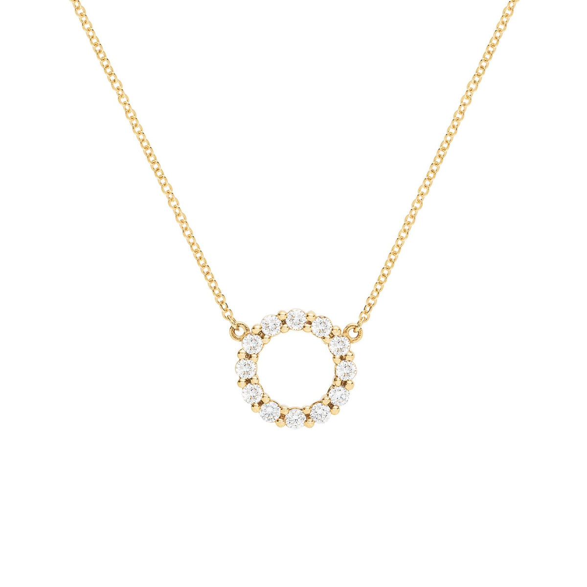 Rosecliff small circle necklace featuring twelve 2mm faceted round cut diamonds prong set in 14k yellow gold - front view