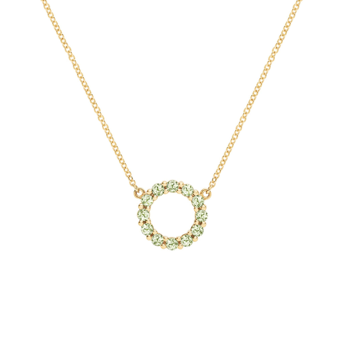 Rosecliff small open circle necklace featuring twelve 2mm round cut Peridots prong set in 14k yellow gold - front view
