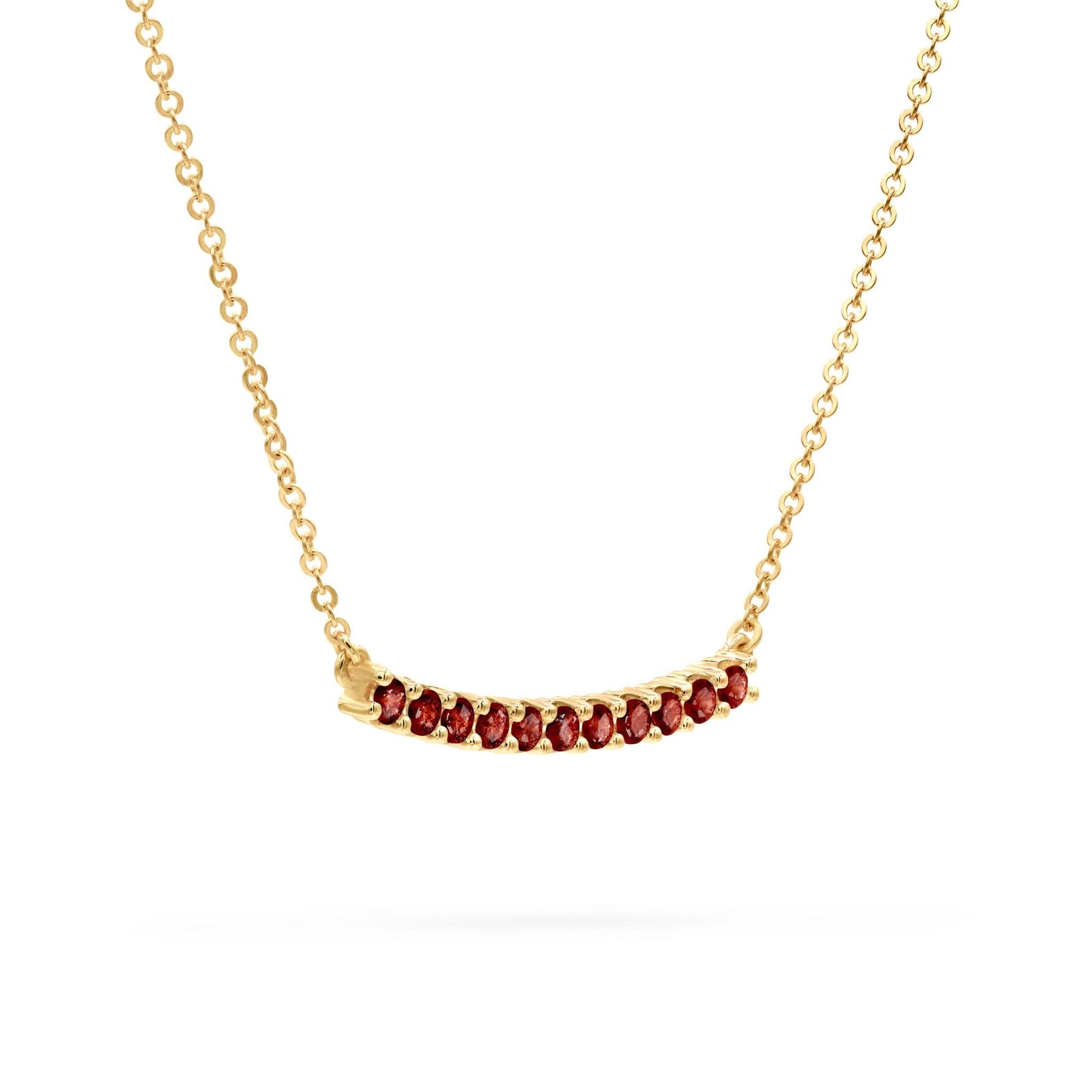 Rosecliff bar necklace with eleven 2 mm faceted round cut garnets prong set in solid 14k yellow gold - angled view
