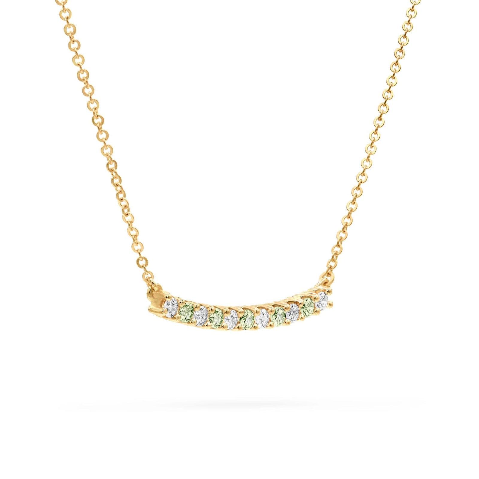 Rosecliff bar necklace with eleven alternating 2 mm round cut peridots and diamonds prong set in 14k gold - angled view