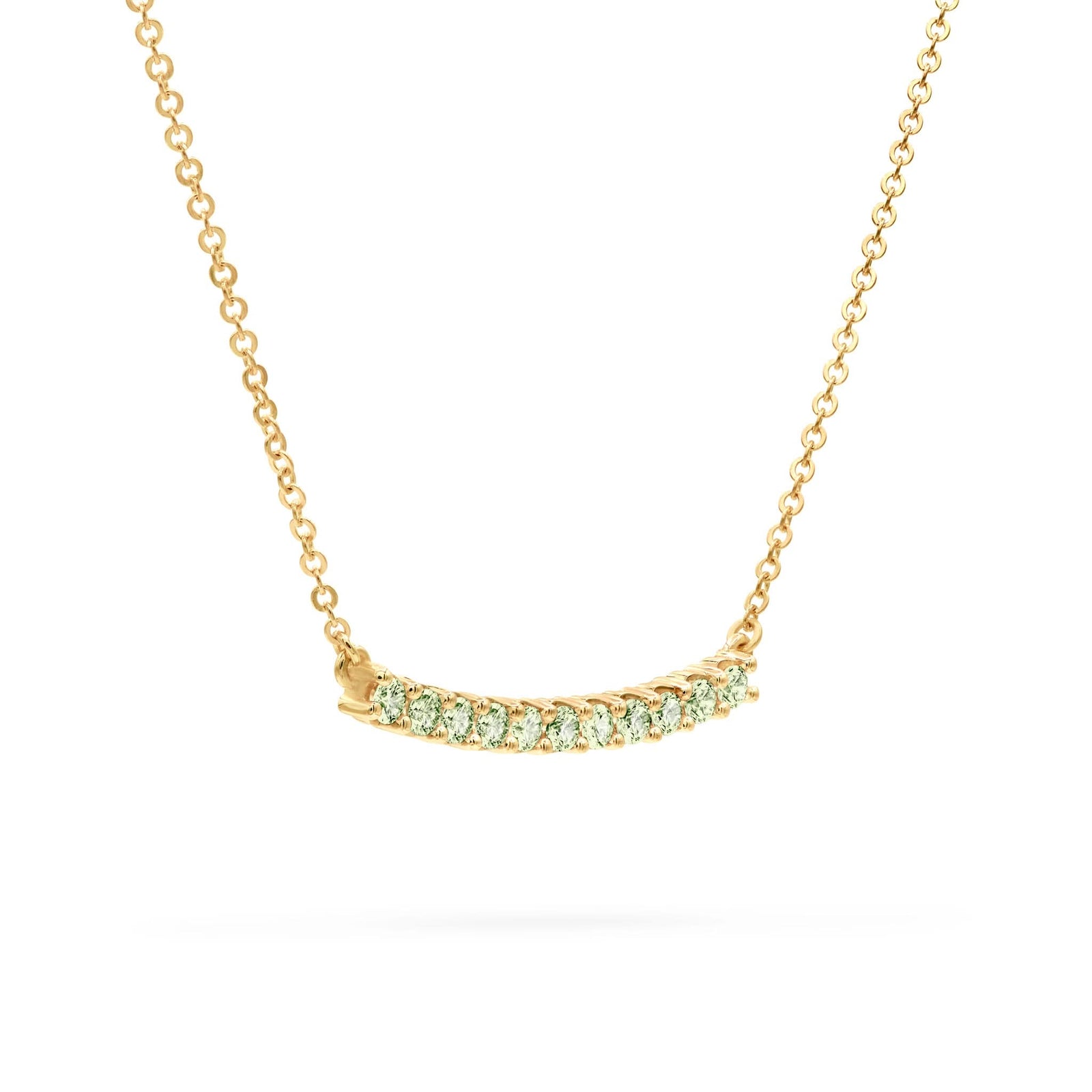 Rosecliff bar necklace with eleven 2 mm faceted round cut peridots prong set in solid 14k yellow gold - angled view