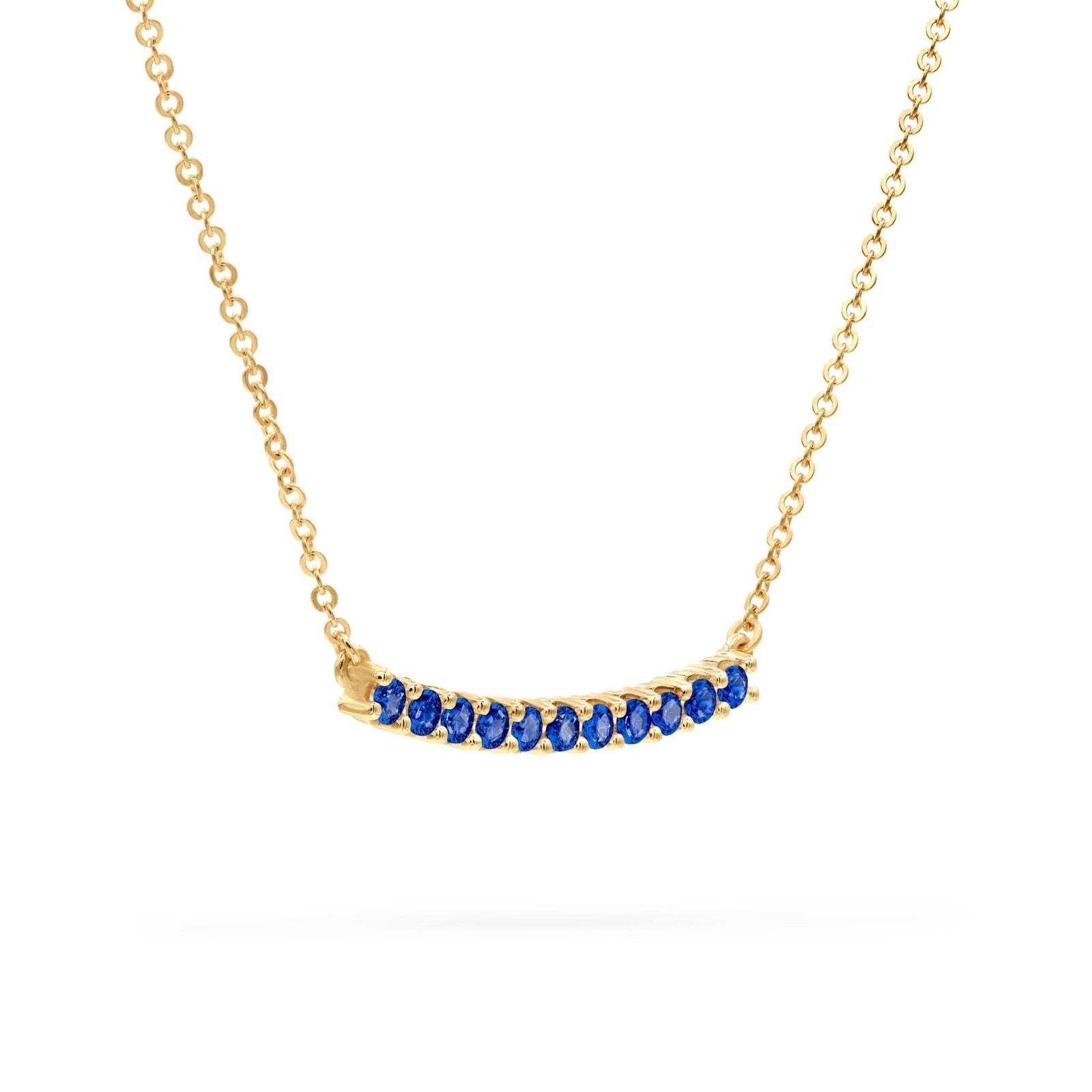 Rosecliff bar necklace with eleven 2 mm faceted round cut sapphires prong set in solid 14k yellow gold - angled view