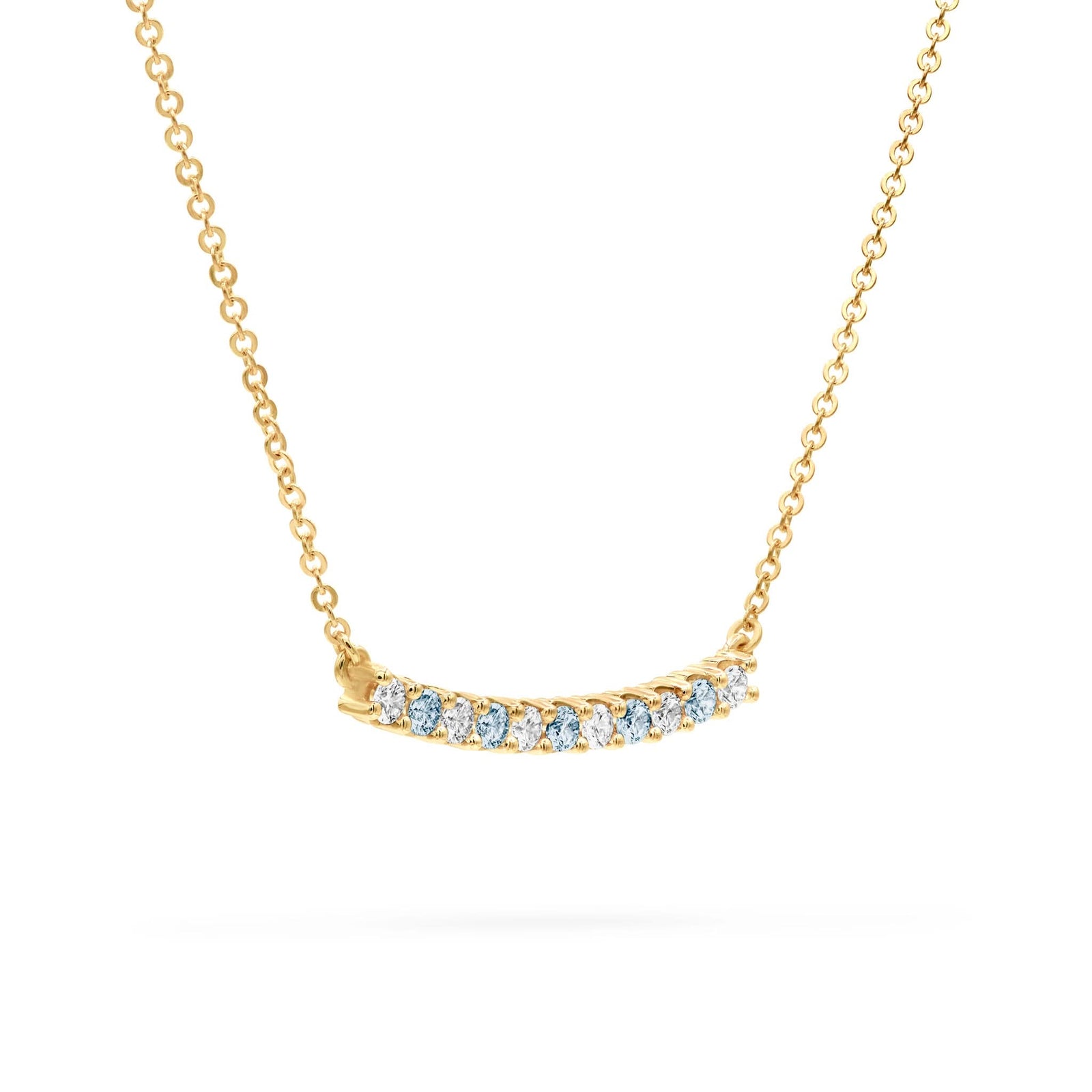 Rosecliff bar necklace with eleven alternating 2 mm Nantucket blue topaz and diamonds prong set in 14k gold - angled view