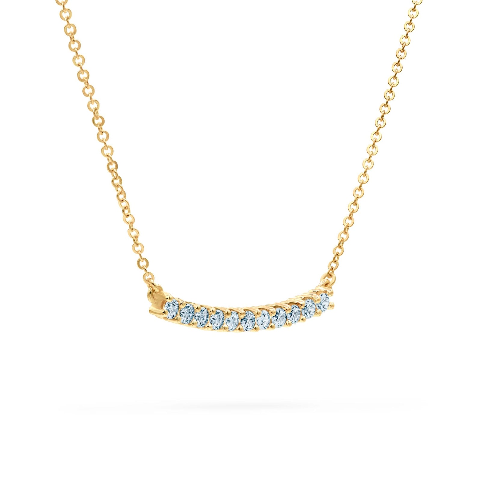 Rosecliff bar necklace with eleven 2 mm faceted round cut Nantucket blue topaz prong set in solid 14k gold - angled view