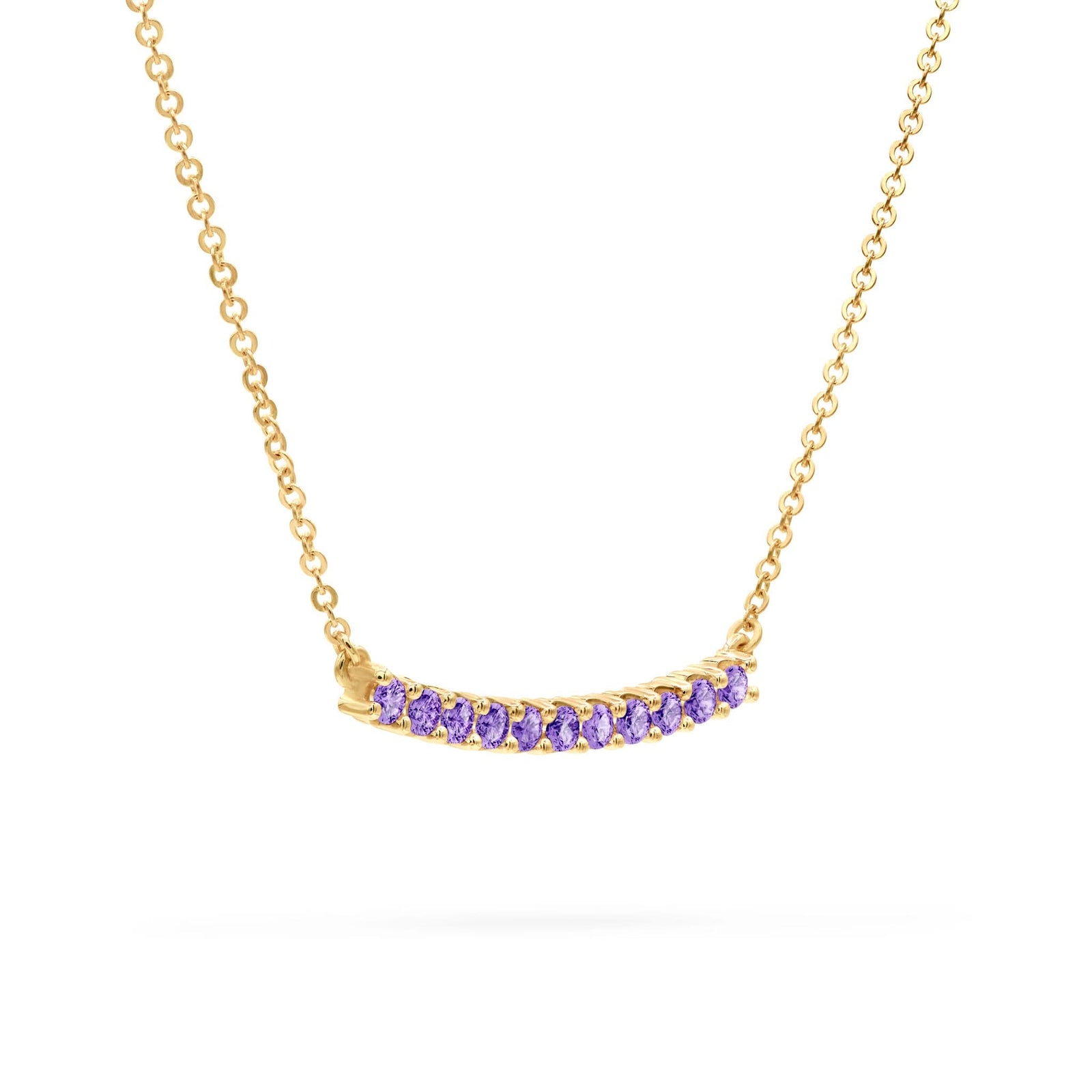 Rosecliff bar necklace with eleven 2 mm faceted round cut amethysts prong set in solid 14k yellow gold - angled view