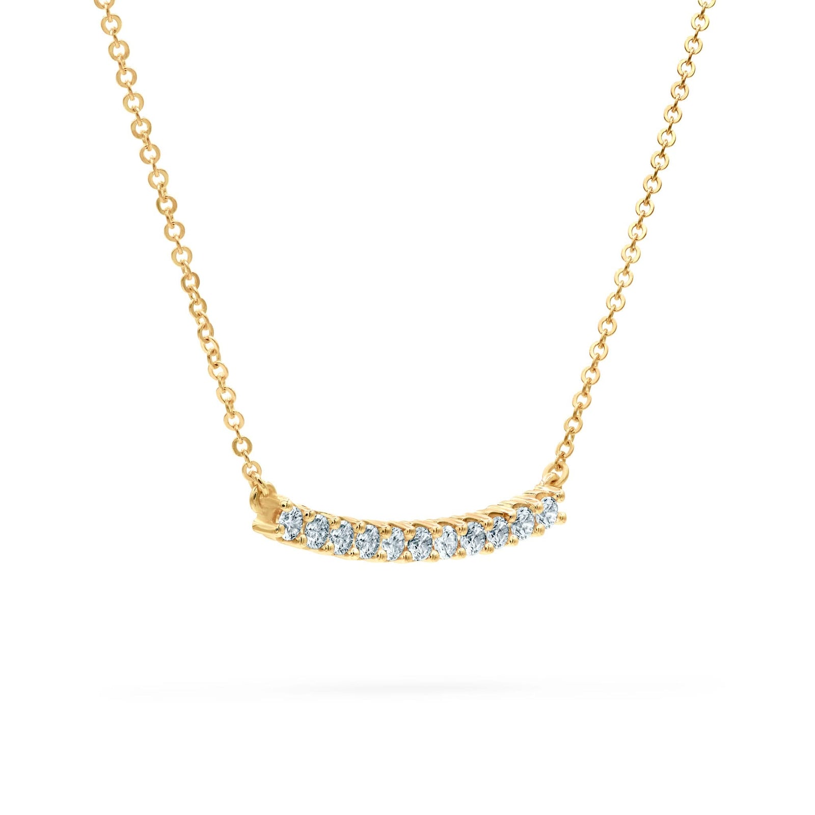 Rosecliff bar necklace with eleven 2 mm faceted round cut aquamarines prong set in solid 14k yellow gold - angled view