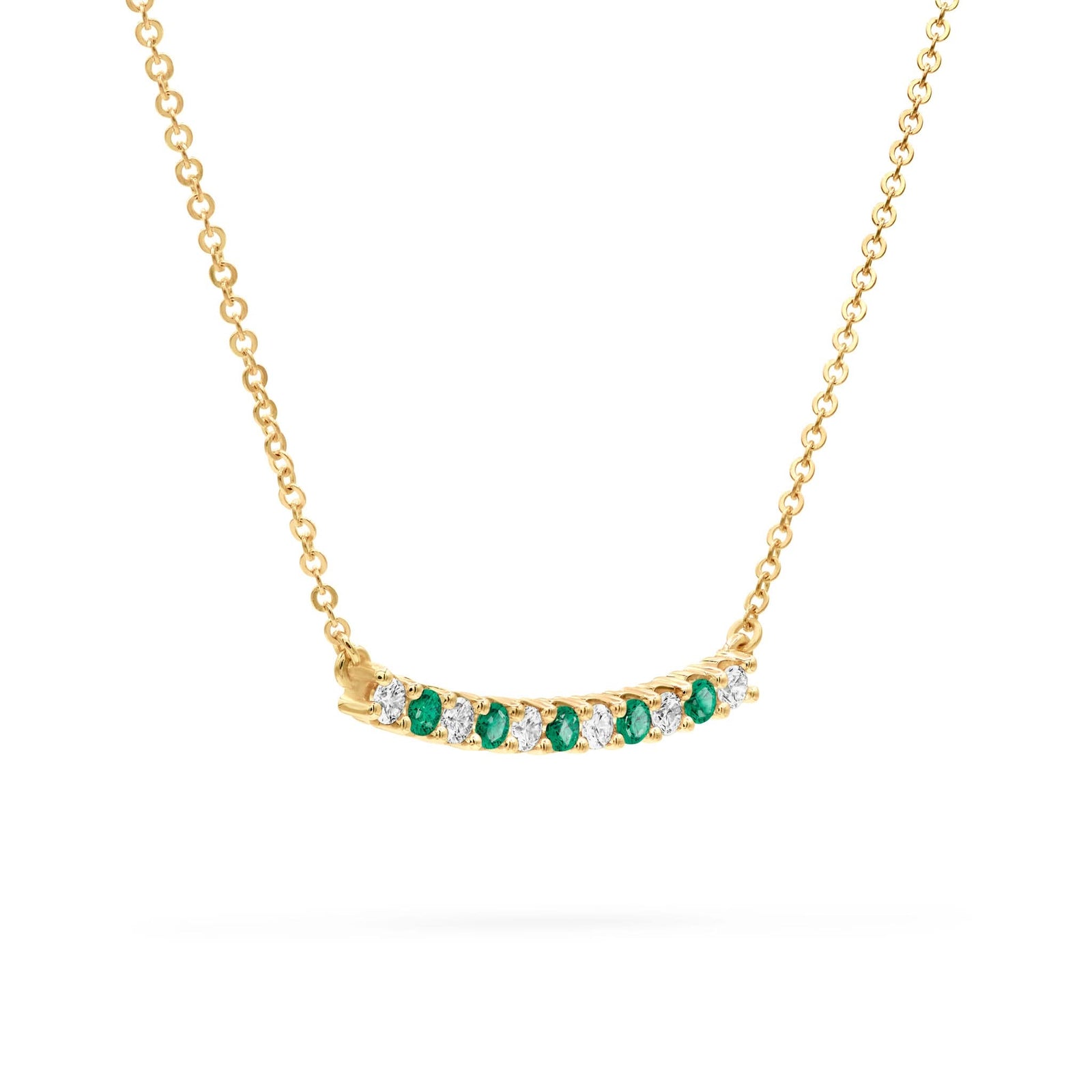 Rosecliff bar necklace with eleven alternating 2 mm round cut emeralds and diamonds prong set in 14k gold - angled view