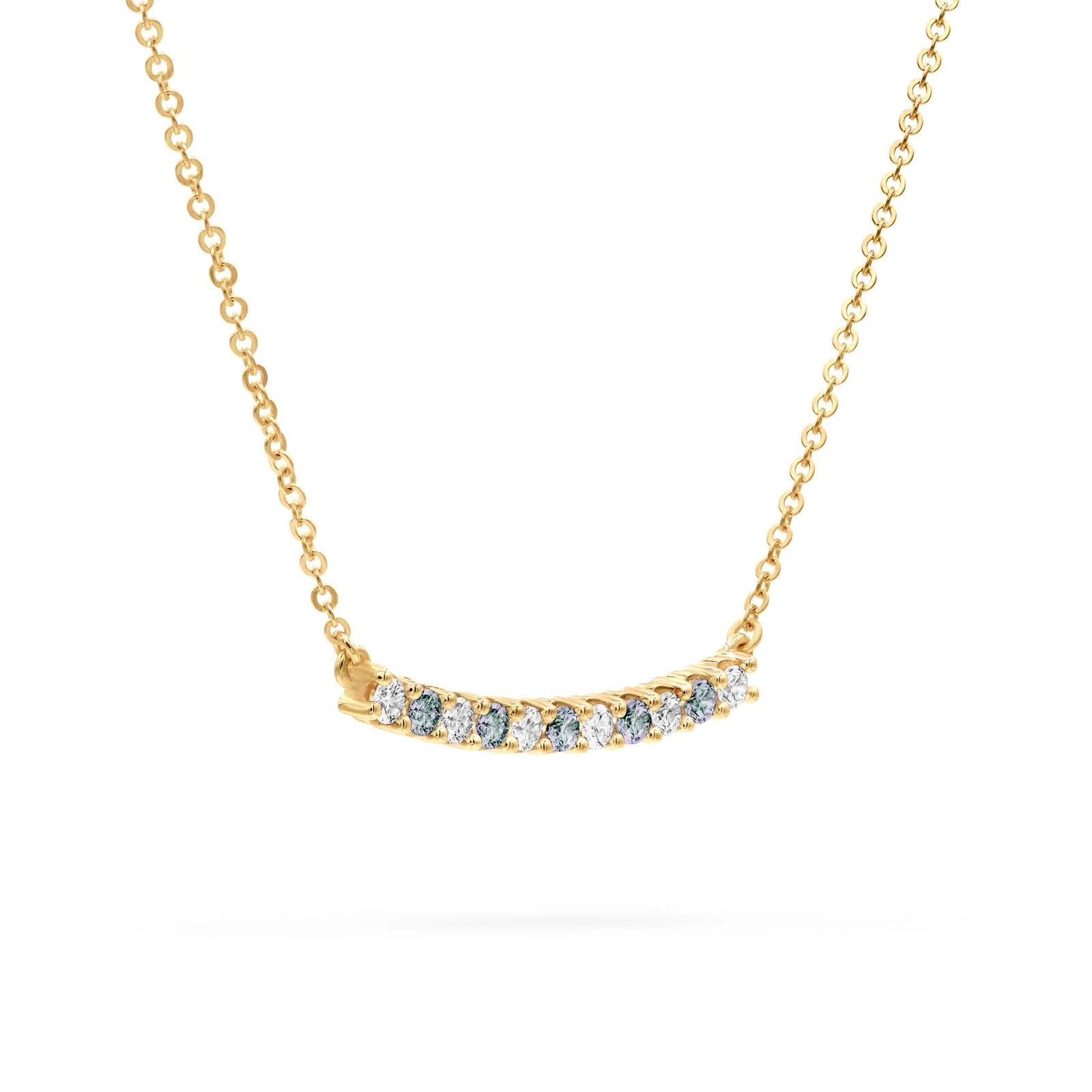 Rosecliff bar necklace with eleven alternating 2 mm round cut alexandrites and diamonds prong set in 14k gold - angled view