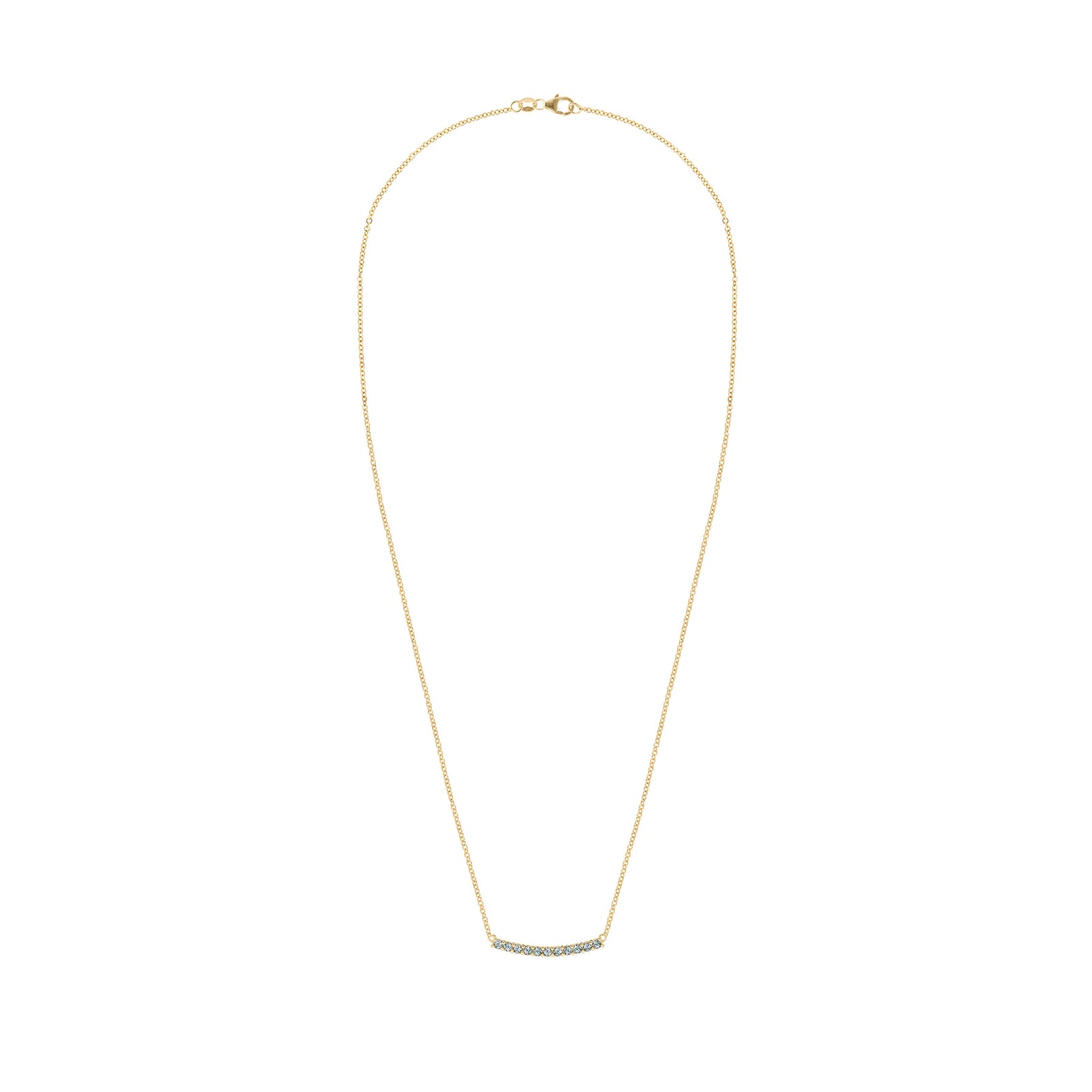 Rosecliff bar necklace with eleven 2 mm faceted round cut alexandrites prong set in solid 14k yellow gold