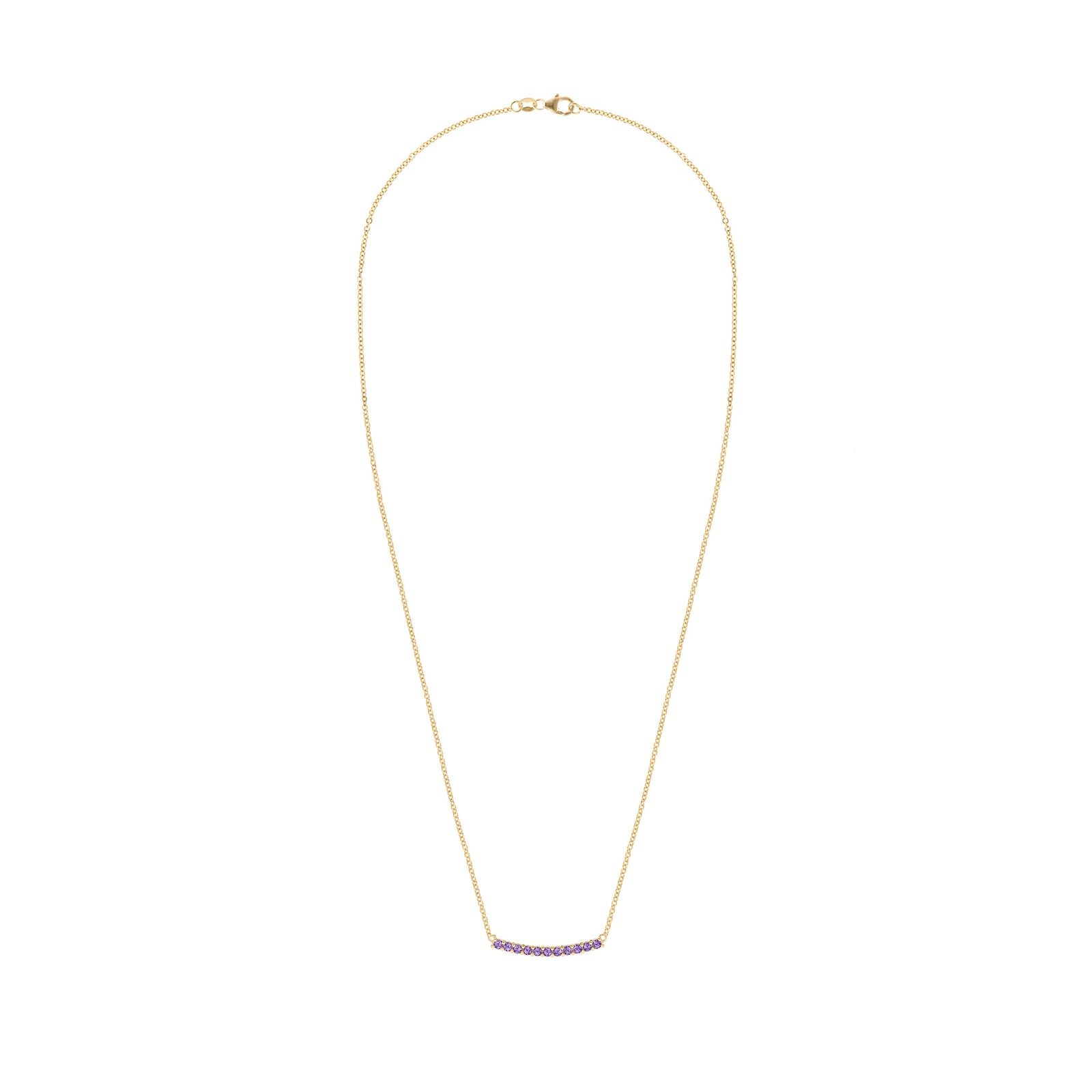 Rosecliff bar necklace with eleven 2 mm faceted round cut amethysts prong set in solid 14k yellow gold