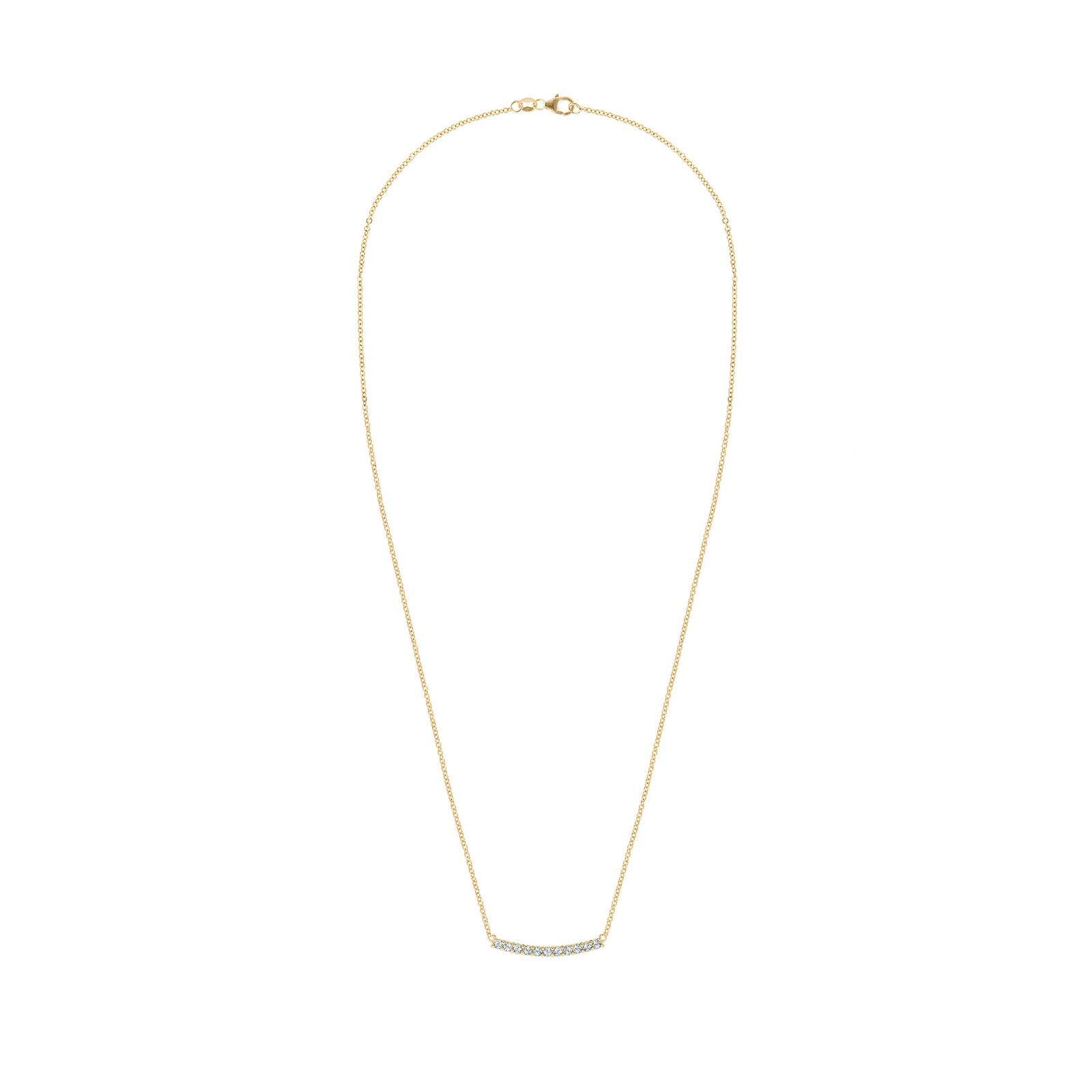 Rosecliff bar necklace with eleven 2 mm faceted round cut aquamarines prong set in solid 14k yellow gold