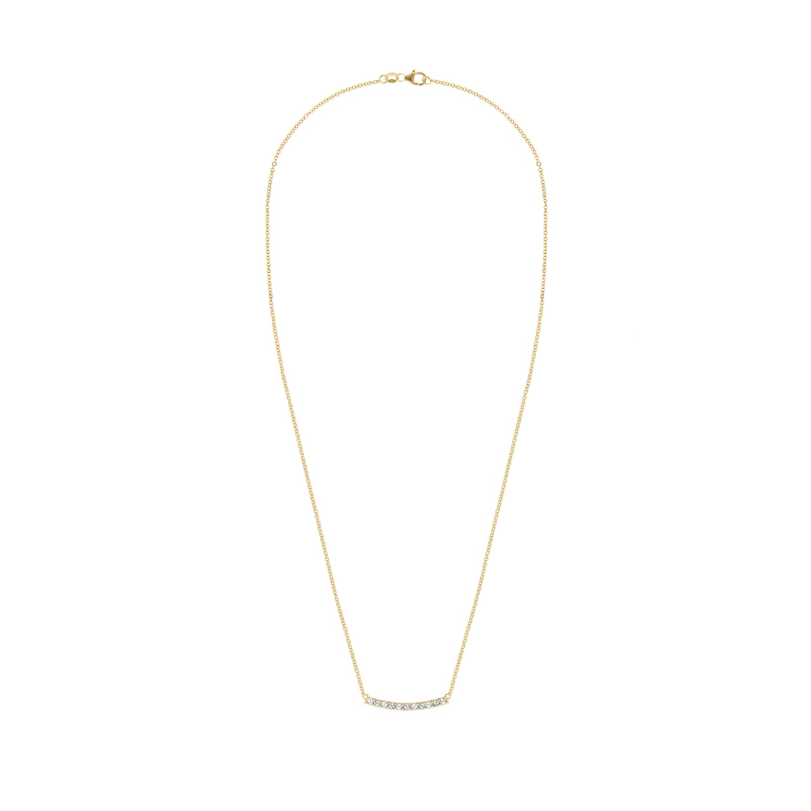 Rosecliff bar necklace with eleven alternating 2 mm faceted round cut aquamarines and diamonds prong set in 14k yellow gold