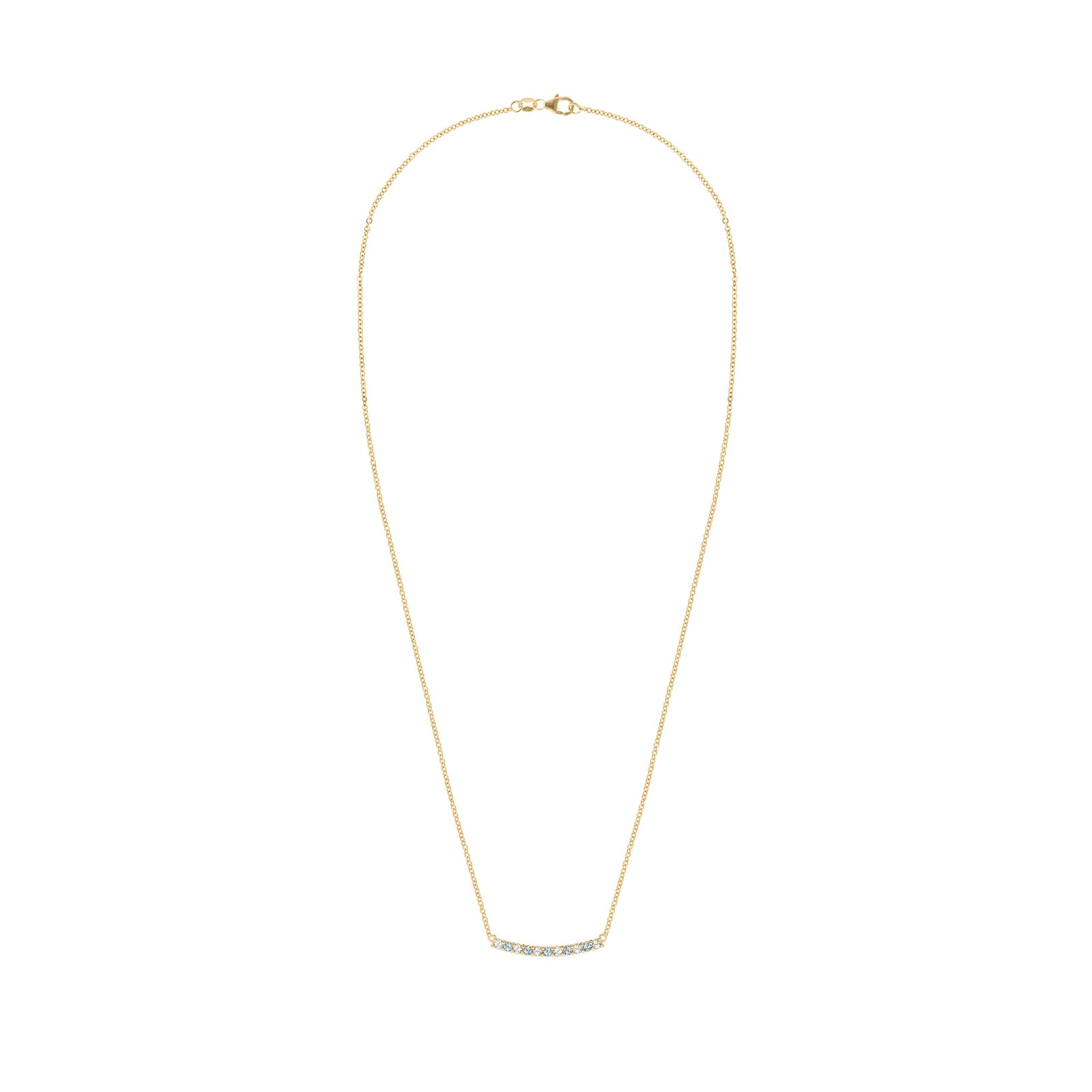 Rosecliff bar necklace with eleven alternating 2 mm round cut Nantucket blue topaz and diamonds prong set in 14k yellow gold