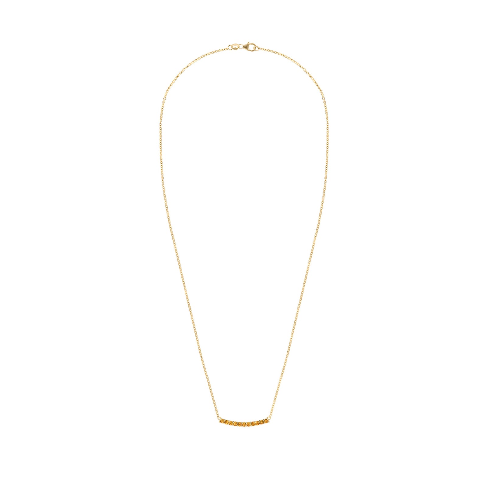 Rosecliff bar necklace with eleven 2 mm faceted round cut citrines prong set in solid 14k yellow gold