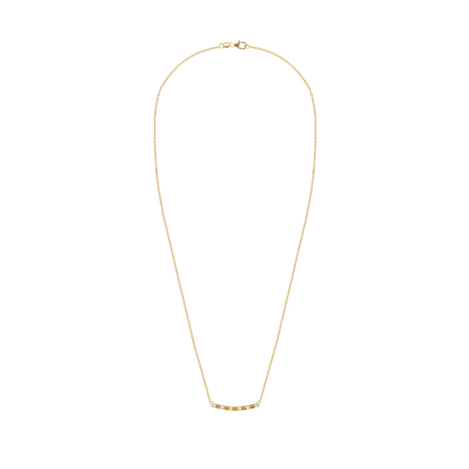 Rosecliff bar necklace with eleven alternating 2 mm faceted round cut citrines and diamonds prong set in 14k yellow gold