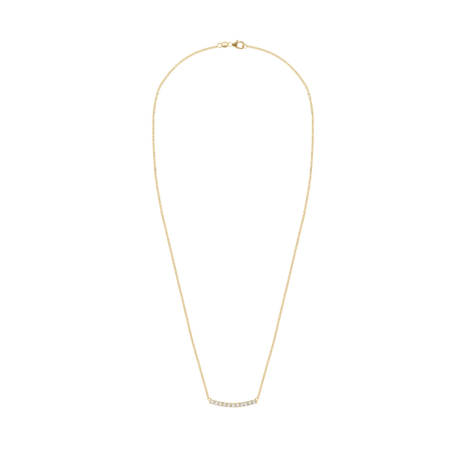 Rosecliff bar necklace with eleven 2 mm faceted round cut diamonds prong set in solid 14k yellow gold