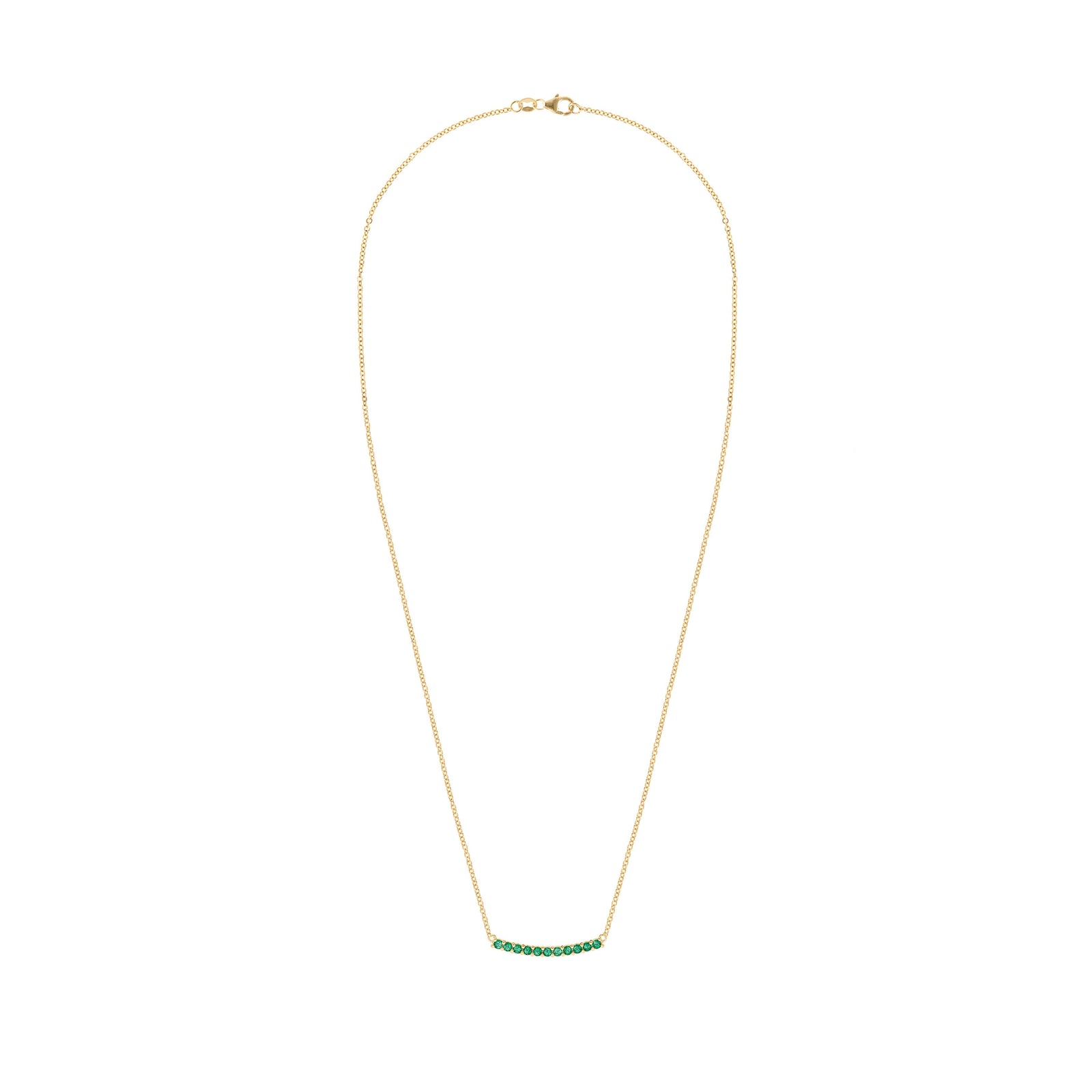Rosecliff bar necklace with eleven 2 mm faceted round cut emeralds prong set in solid 14k yellow gold