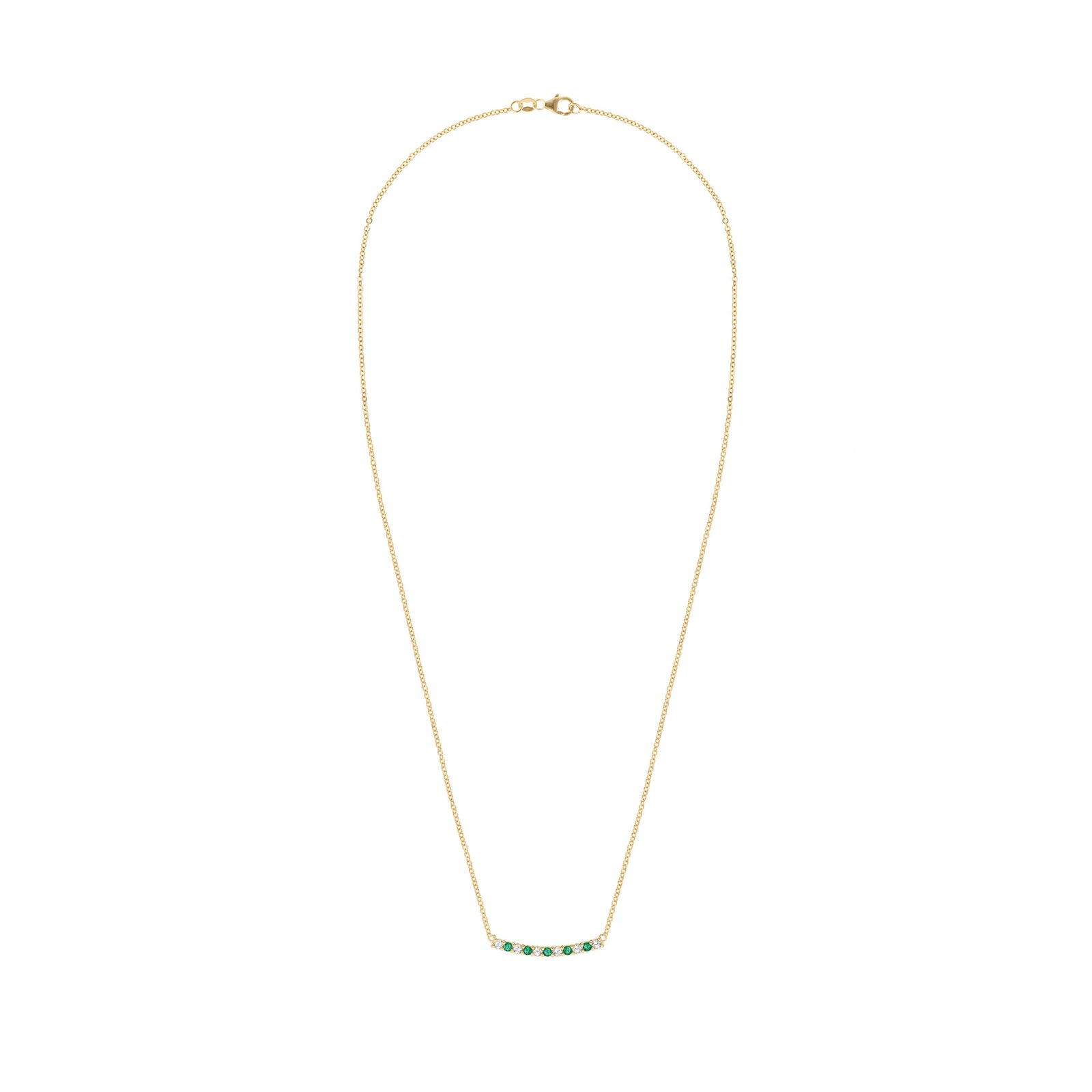 Rosecliff bar necklace with eleven alternating 2 mm faceted round cut emeralds and diamonds prong set in 14k yellow gold