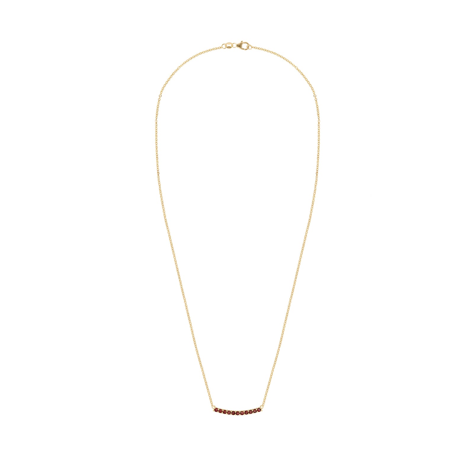 Rosecliff bar necklace with eleven 2 mm faceted round cut garnets prong set in solid 14k yellow gold