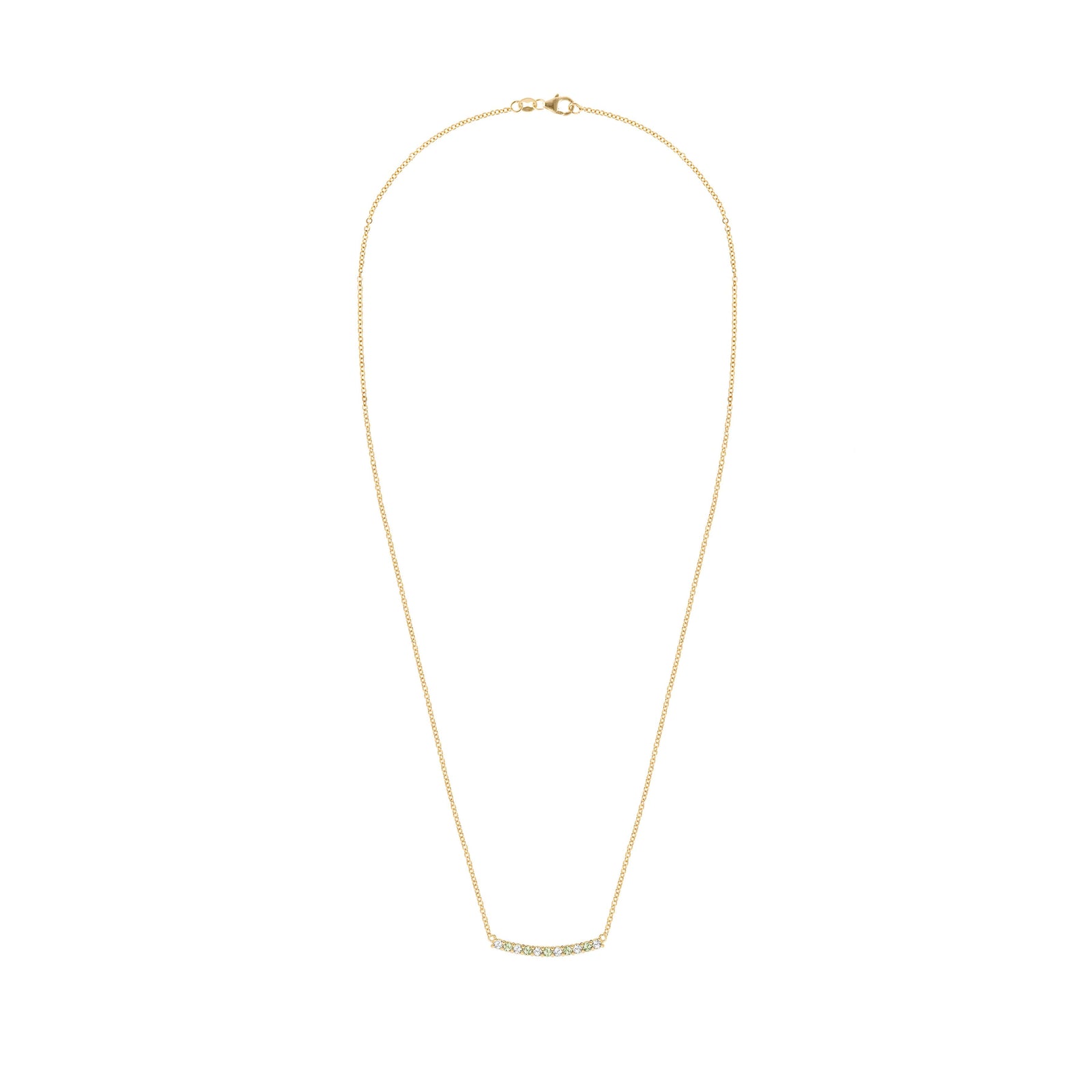 Rosecliff bar necklace with eleven alternating 2 mm faceted round cut peridots and diamonds prong set in 14k yellow gold