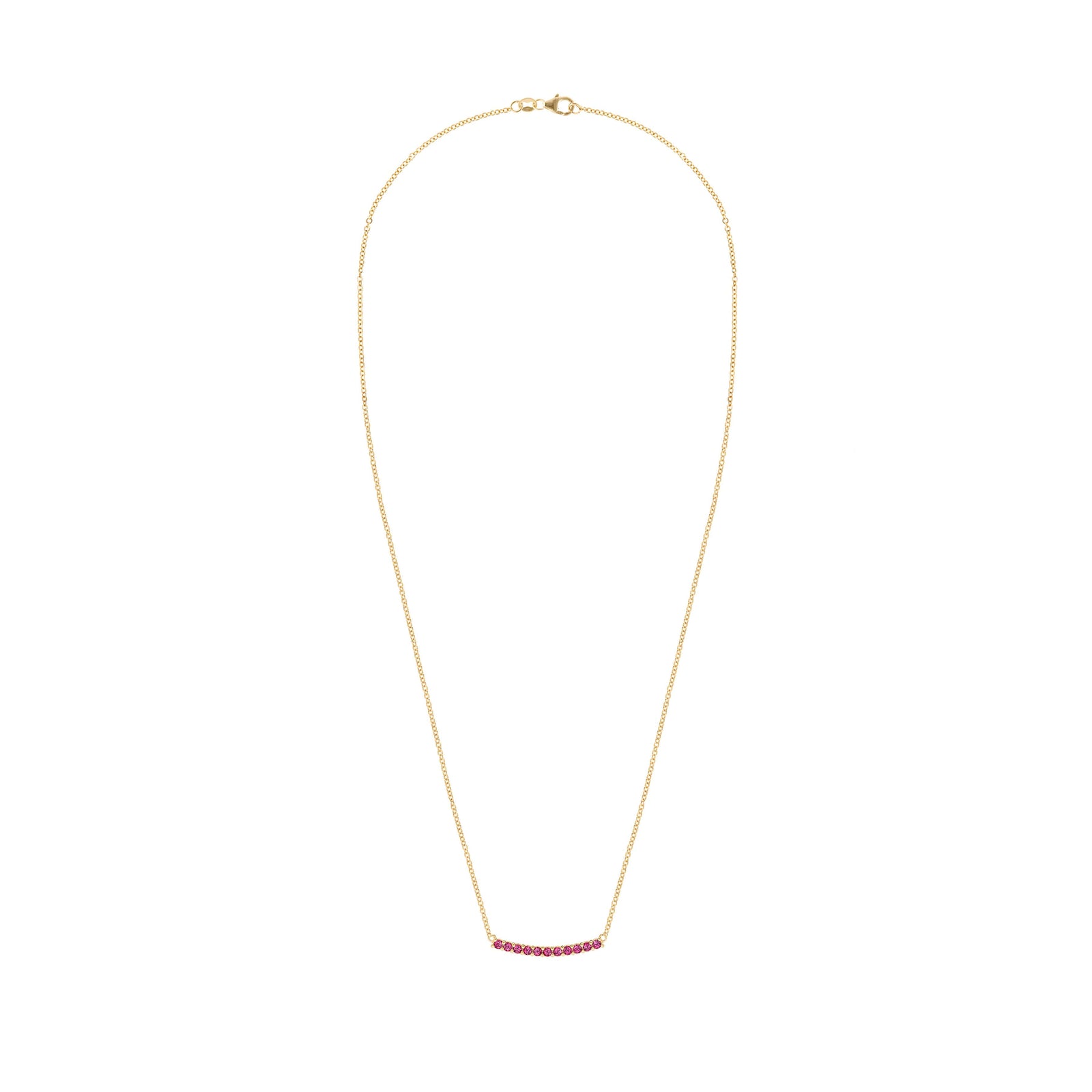 Rosecliff bar necklace with eleven 2 mm faceted round cut rubies prong set in solid 14k yellow gold