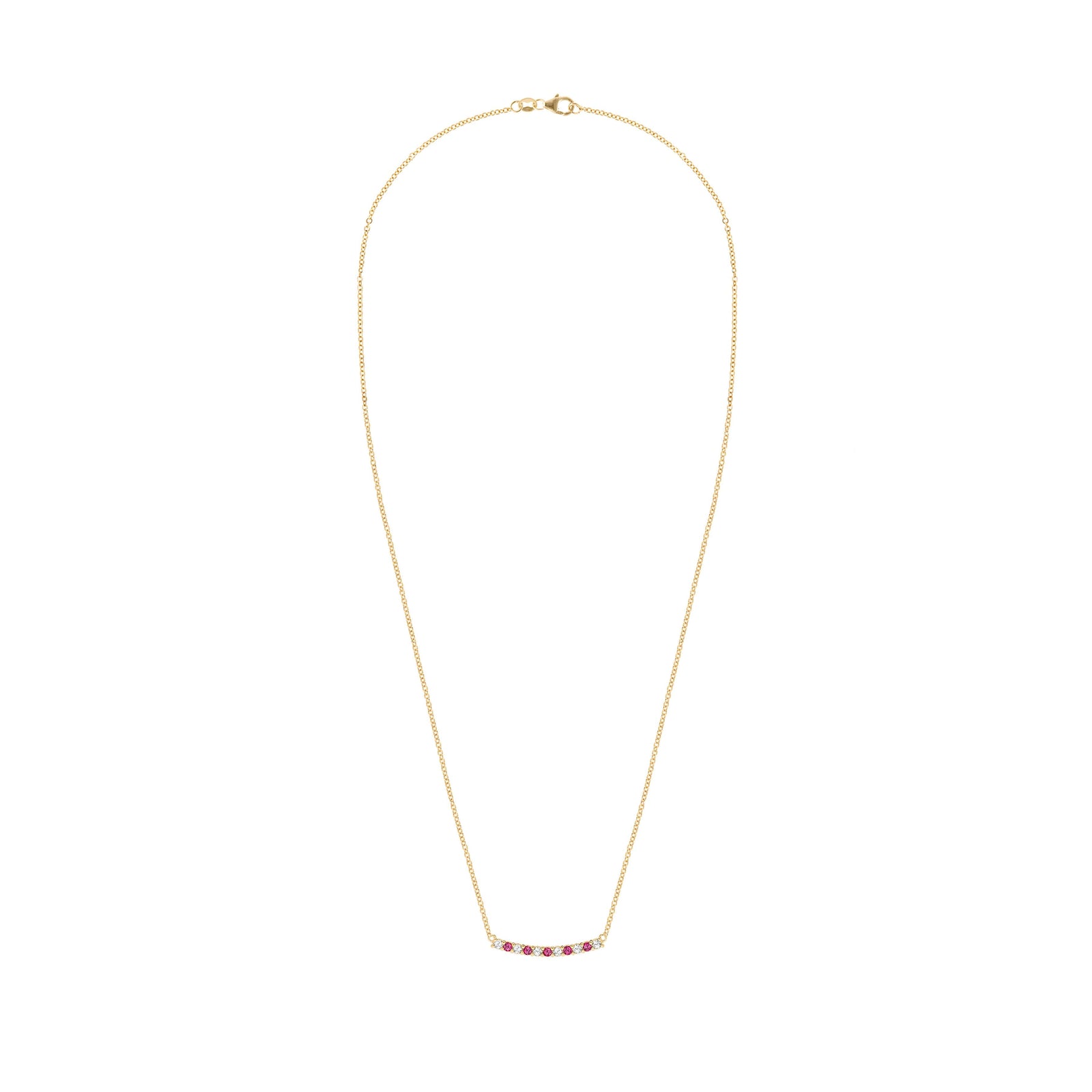 Rosecliff bar necklace with eleven alternating 2 mm faceted round cut rubies and diamonds prong set in 14k yellow gold