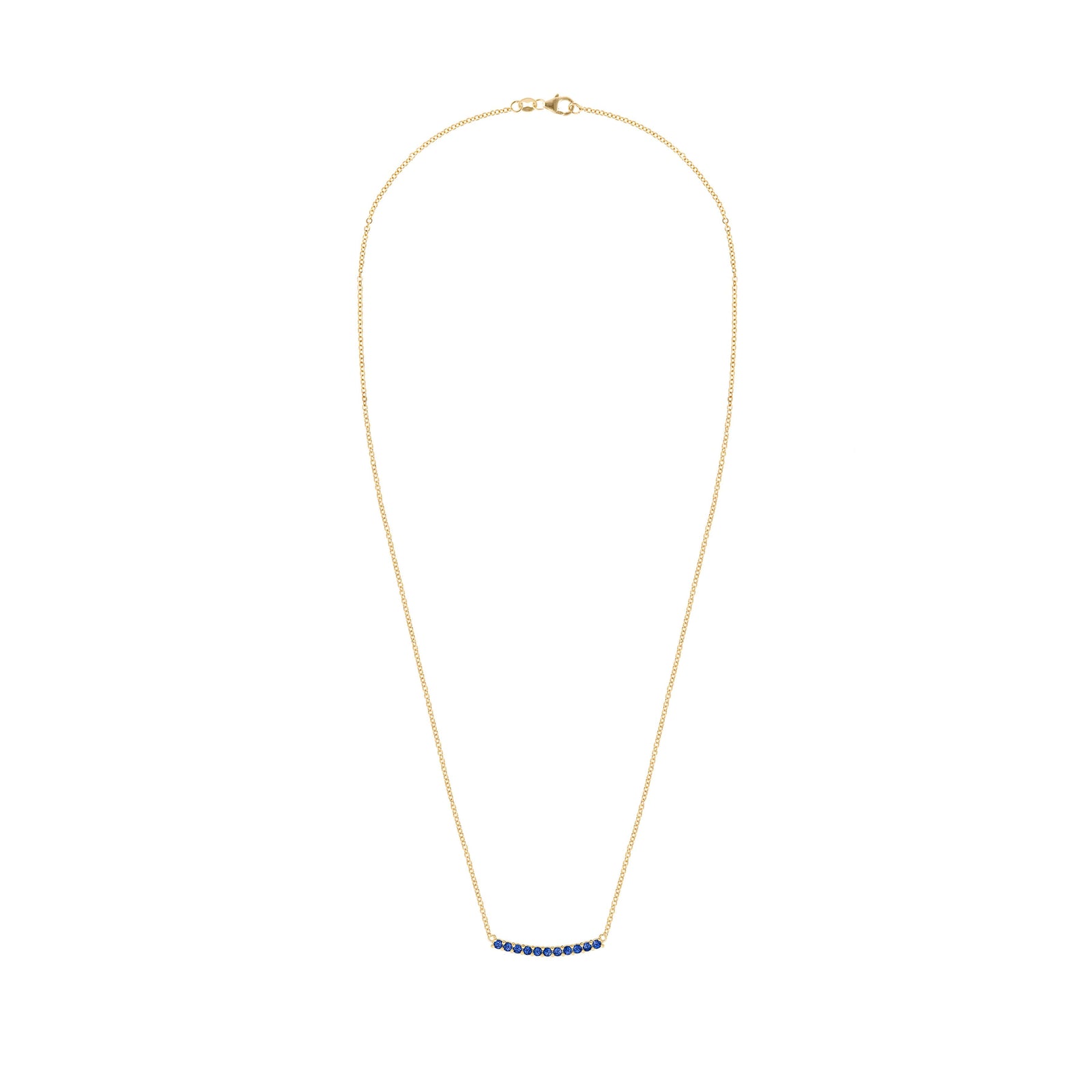 Rosecliff bar necklace with eleven 2 mm faceted round cut sapphires prong set in solid 14k yellow gold