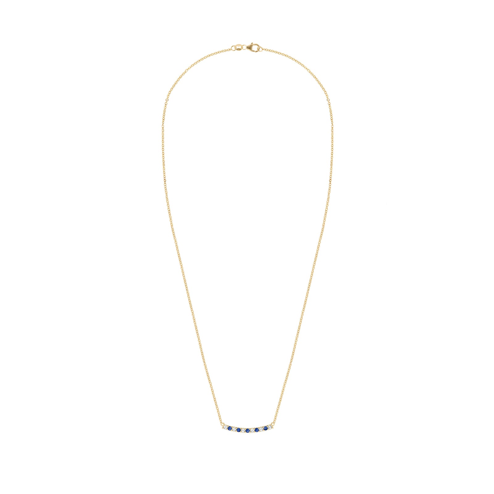 Rosecliff bar necklace with eleven alternating 2 mm faceted round cut sapphires and diamonds prong set in 14k yellow gold