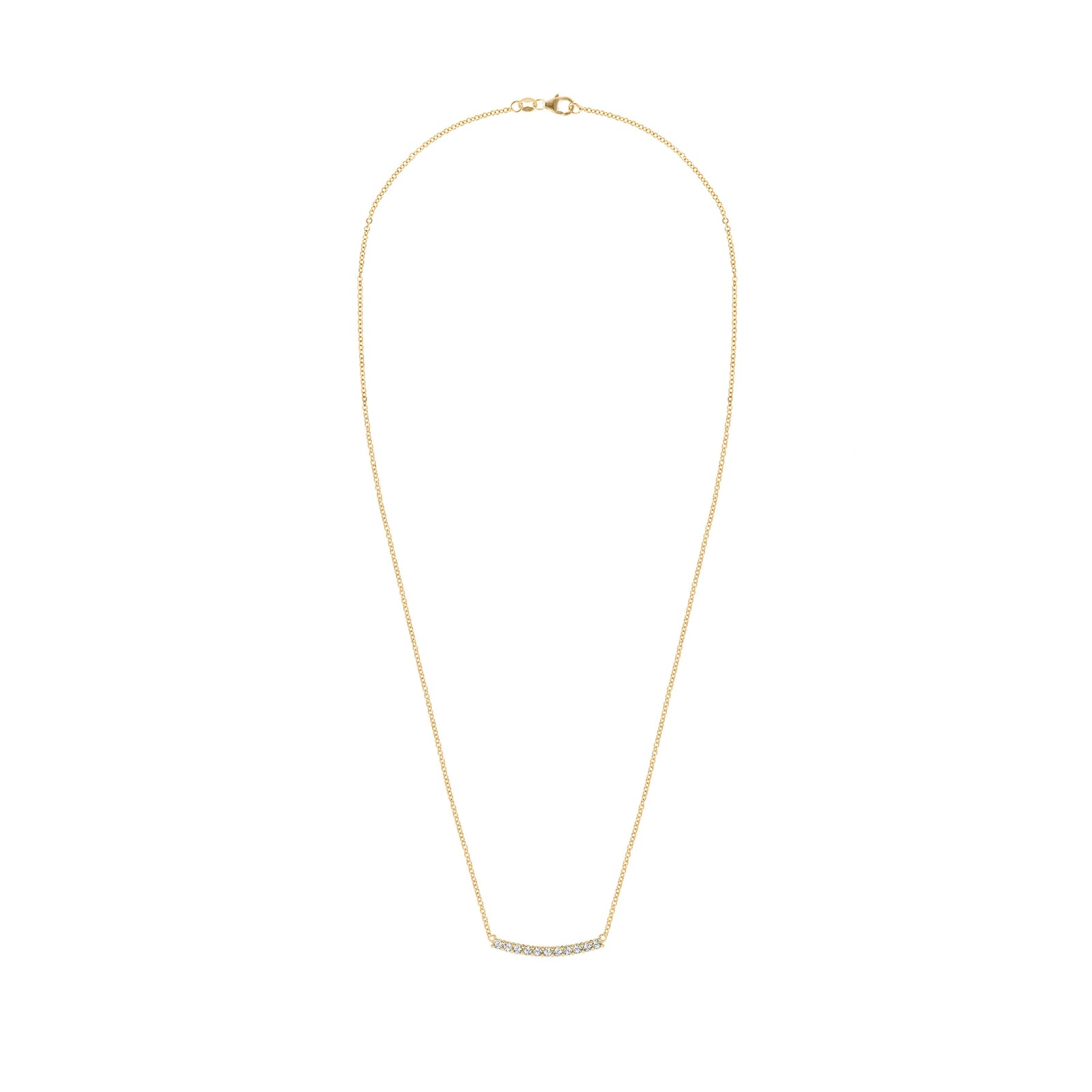 Rosecliff bar necklace with eleven 2 mm faceted round cut white topaz prong set in solid 14k yellow gold