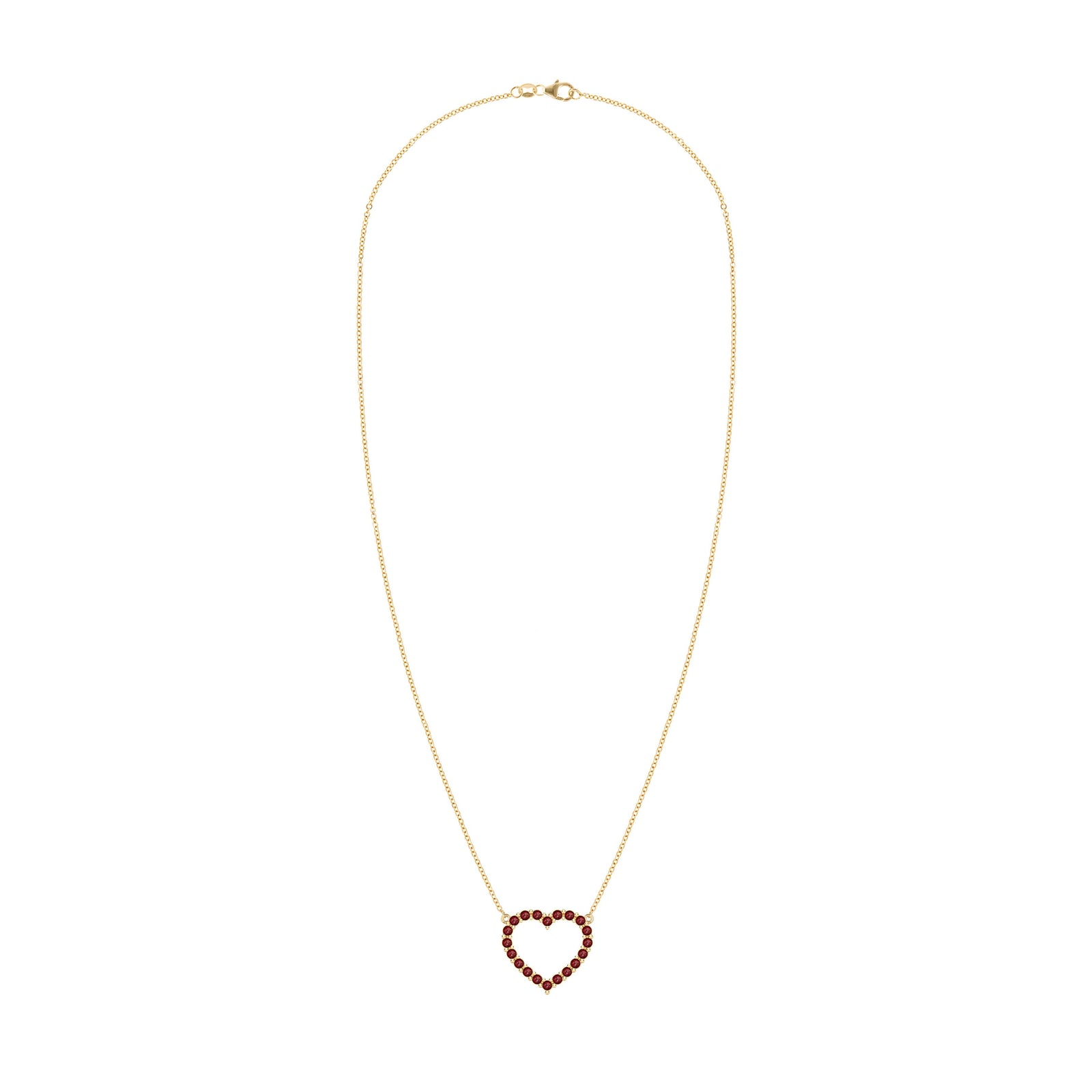 Rosecliff Heart Necklace featuring twenty faceted round cut garnets prong set in 14k yellow Gold