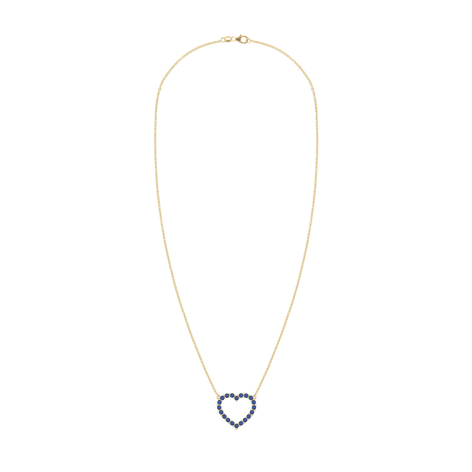 Rosecliff Heart Necklace featuring twenty faceted round cut sapphires prong set in 14k yellow Gold