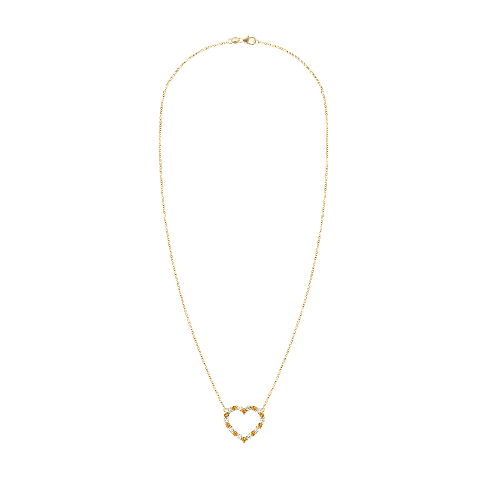 Rosecliff Heart Necklace featuring twenty alternating citrines and diamonds prong set in 14k yellow Gold