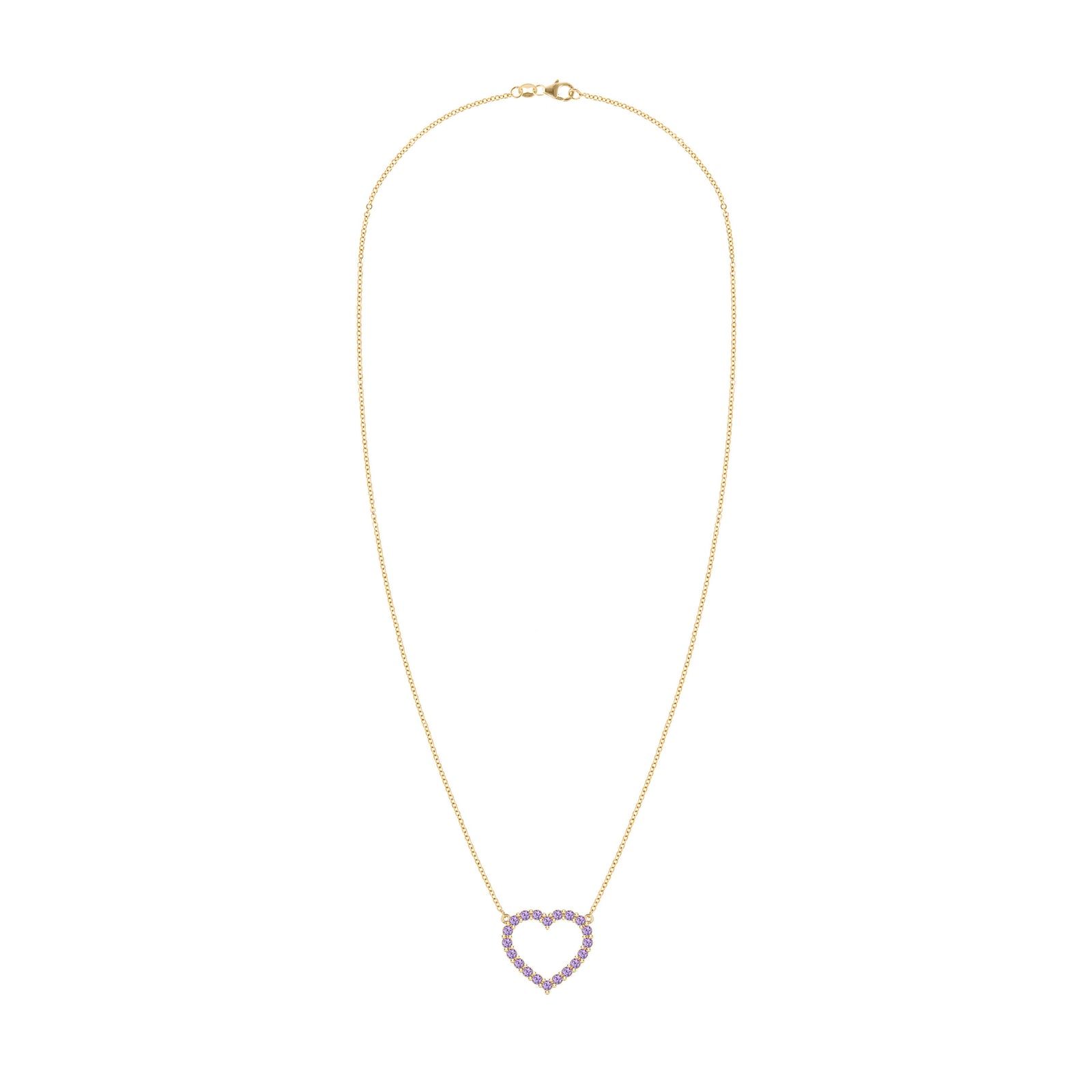 Rosecliff Heart Necklace featuring twenty faceted round cut amethysts prong set in 14k yellow Gold