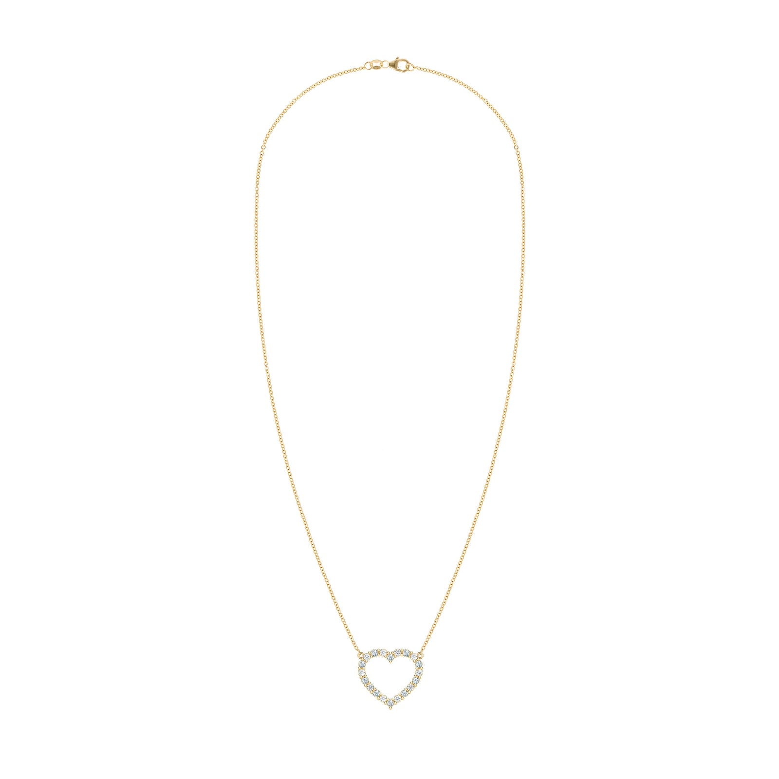 Rosecliff Heart Necklace featuring twenty alternating aquamarines and diamonds prong set in 14k yellow Gold