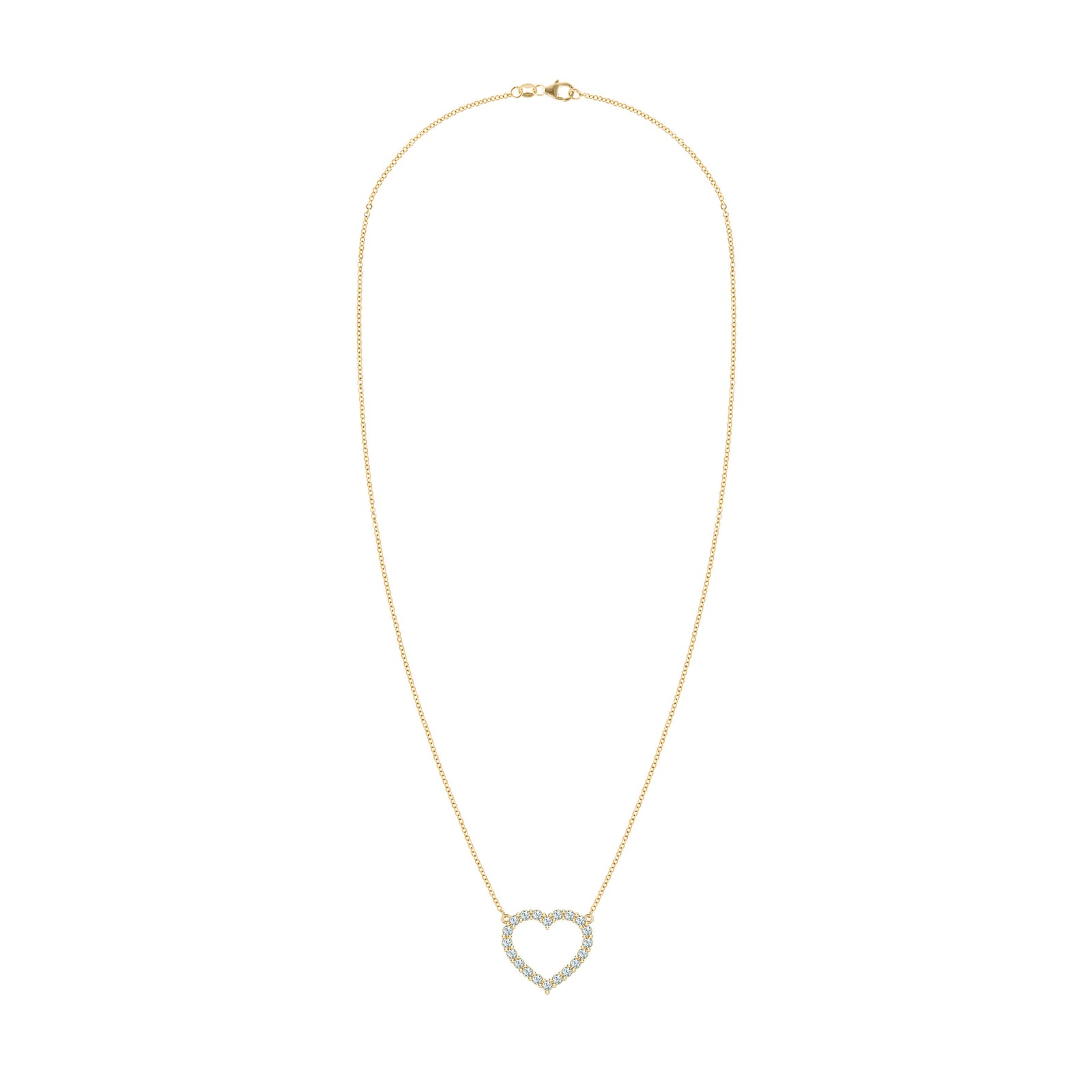 Rosecliff Heart Necklace featuring twenty faceted round cut aquamarines prong set in 14k yellow Gold