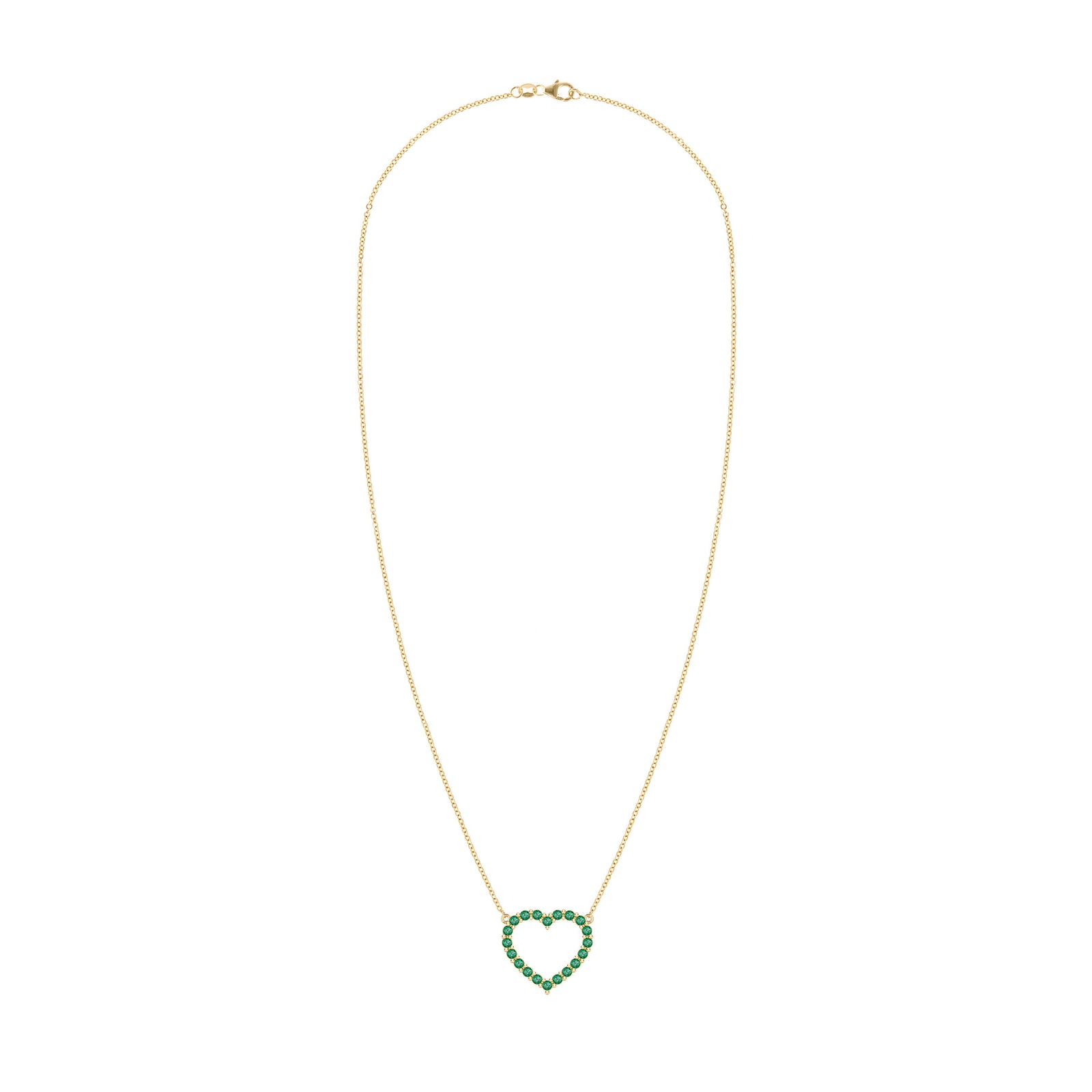 Rosecliff Heart Necklace featuring twenty faceted round cut emeralds prong set in 14k yellow Gold